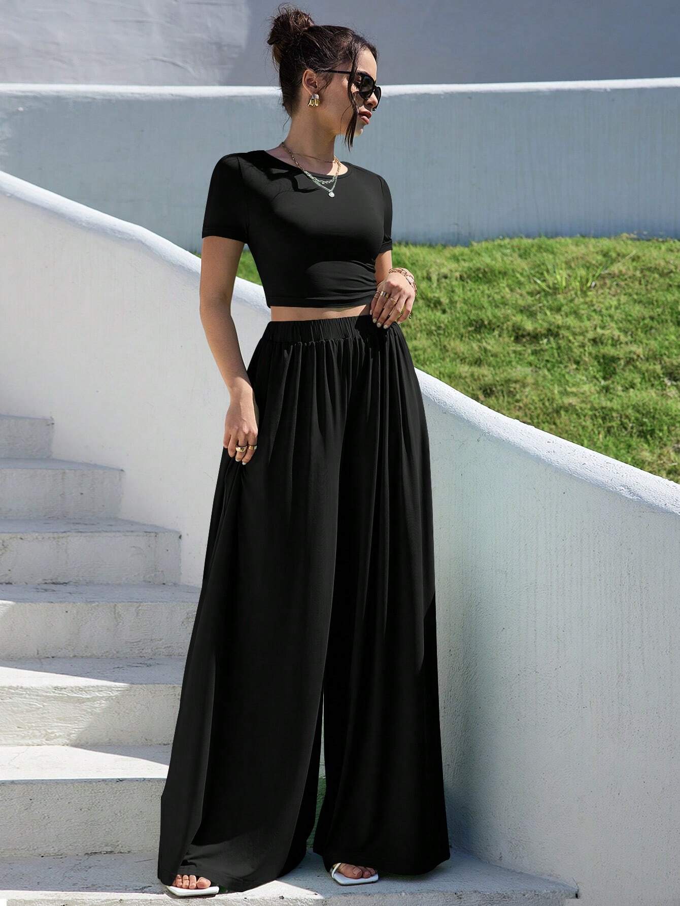Buy SHEIN Essnce Solid Slim Fit Crop Tee & Fold Pleated Wide Leg Pants in Pakistan