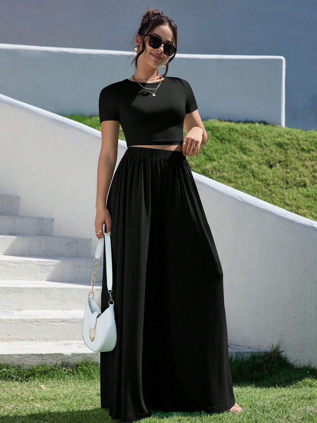 Buy SHEIN Essnce Solid Slim Fit Crop Tee & Fold Pleated Wide Leg Pants in Pakistan