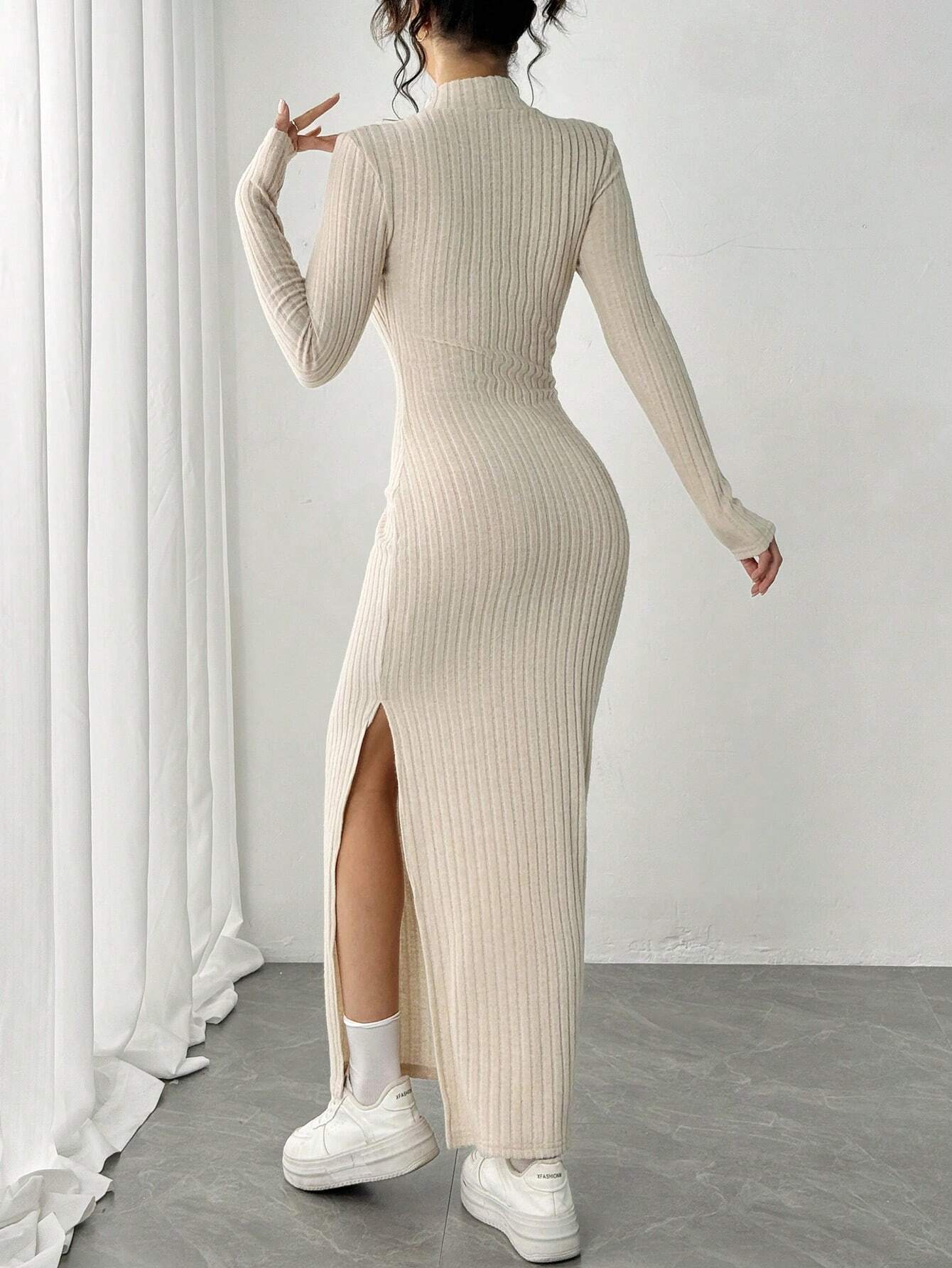 Buy SHEIN Essnce Women Long Side Slit High Neck Long Sleeve Dress in Pakistan