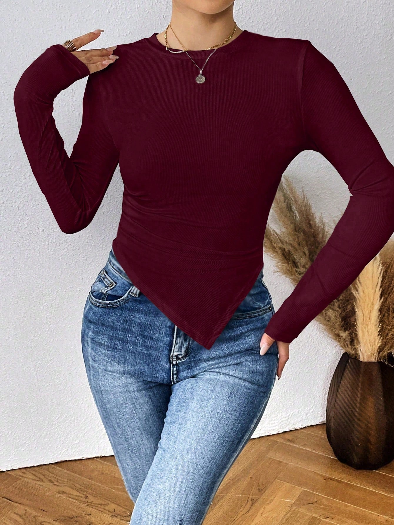 Buy SHEIN Essnce Women's Solid Color Asymmetric Hem T-shirt in Pakistan