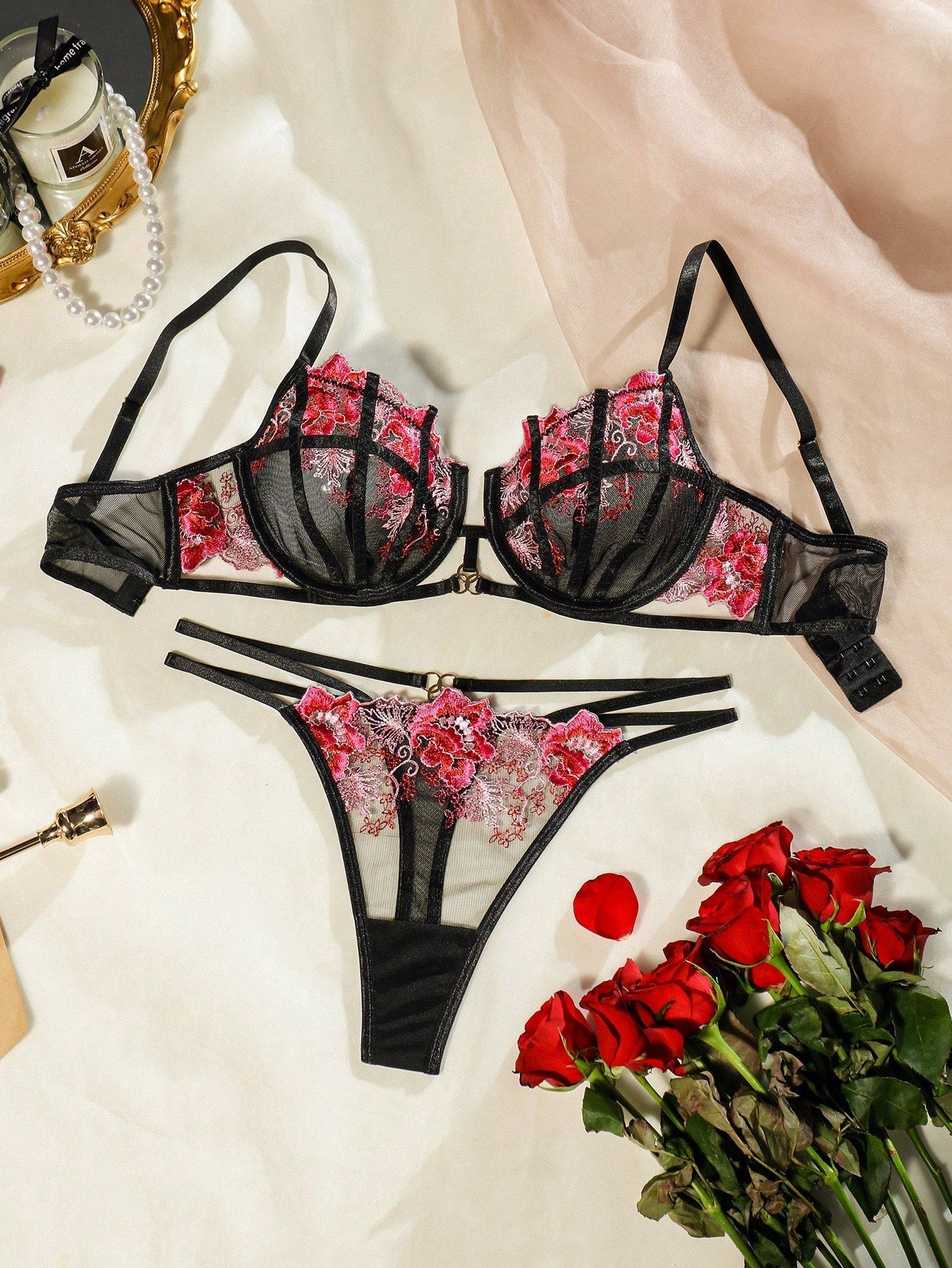 Buy SHEIN Floral Embroidery Mesh Lingerie Set in Pakistan