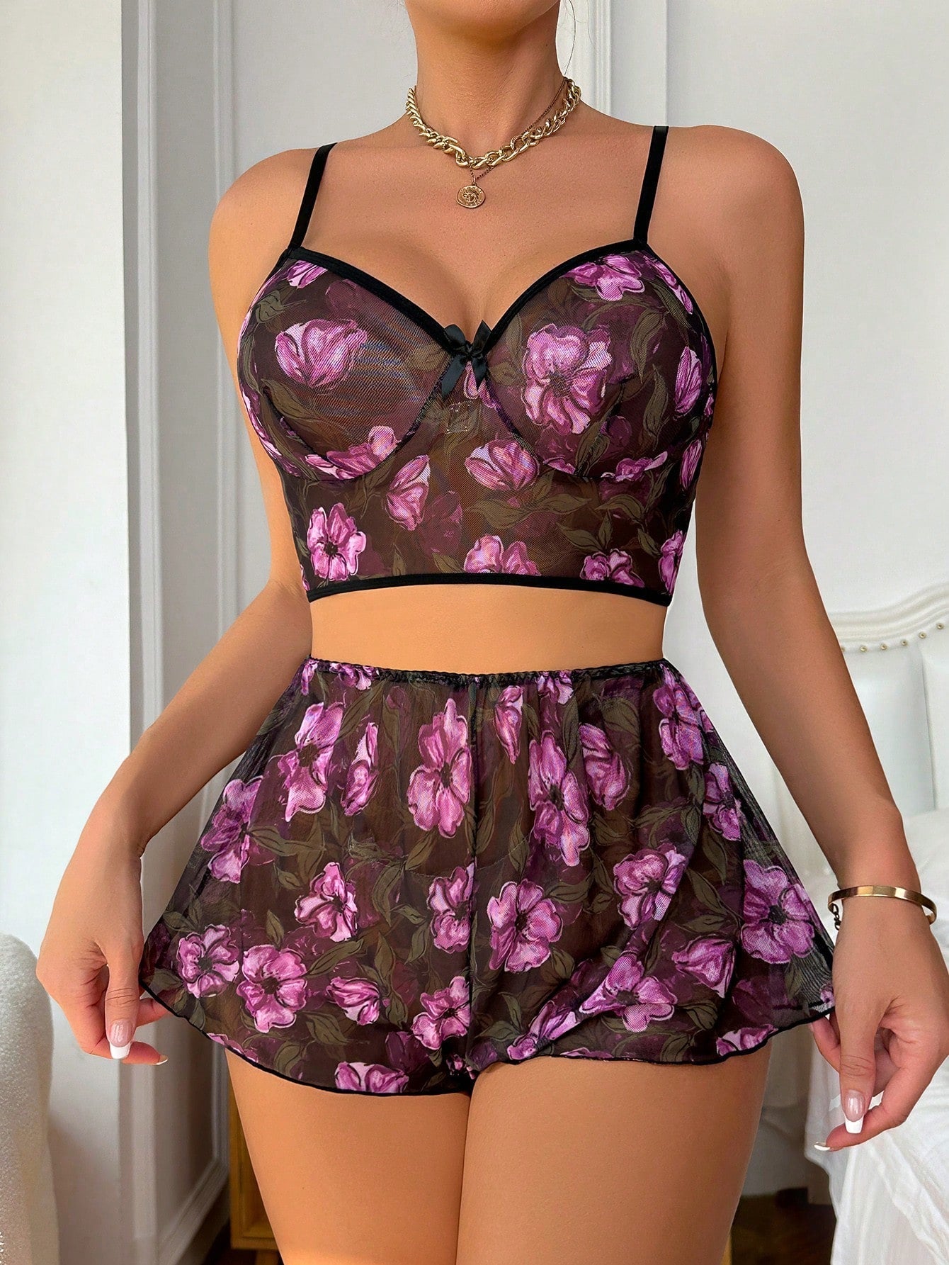 Buy SHEIN Floral Print Mesh Underwire Lingerie Set in Pakistan