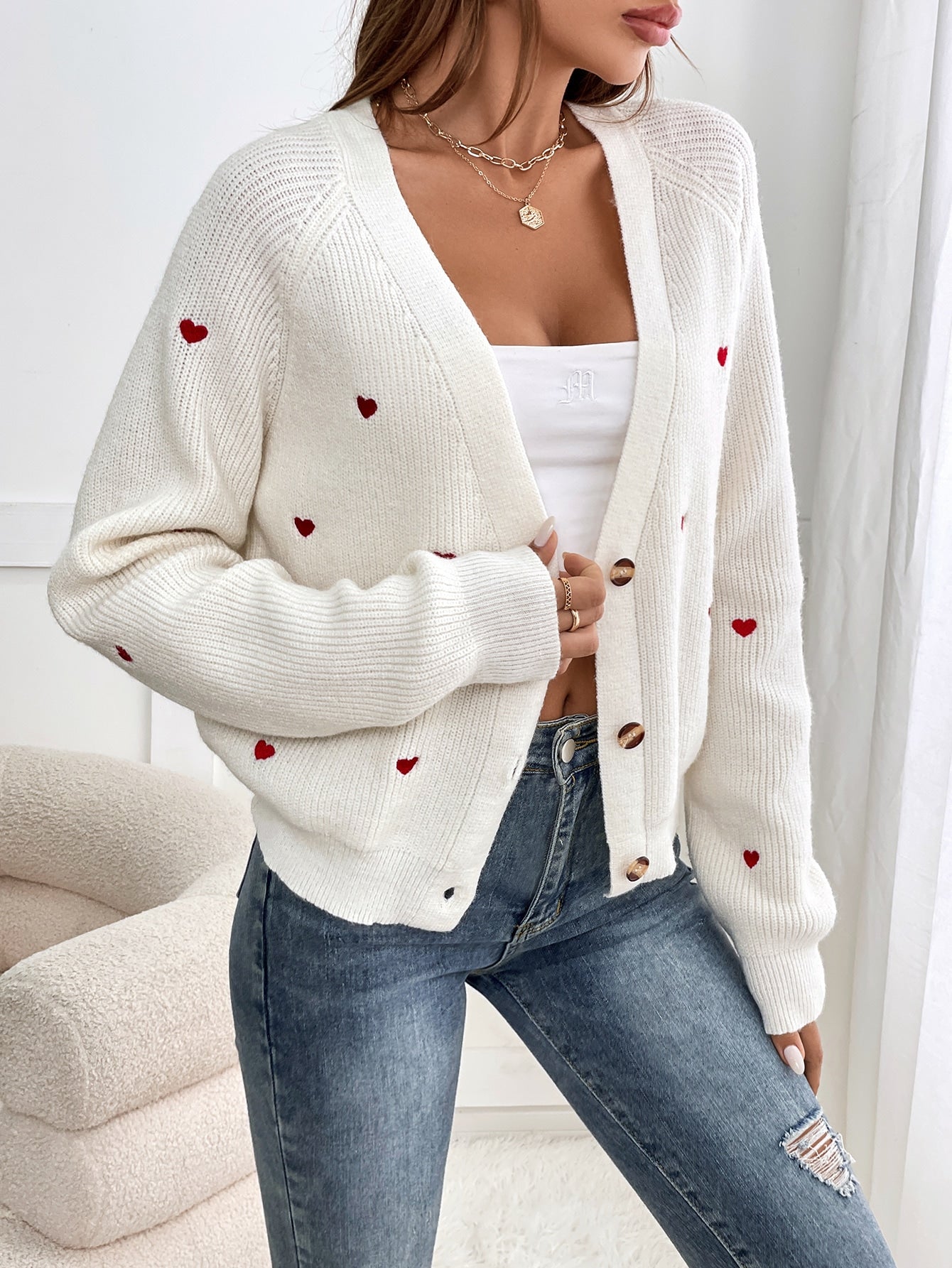 Buy SHEIN Frenchy Heart Embroidery Button Front Cardigan in Pakistan