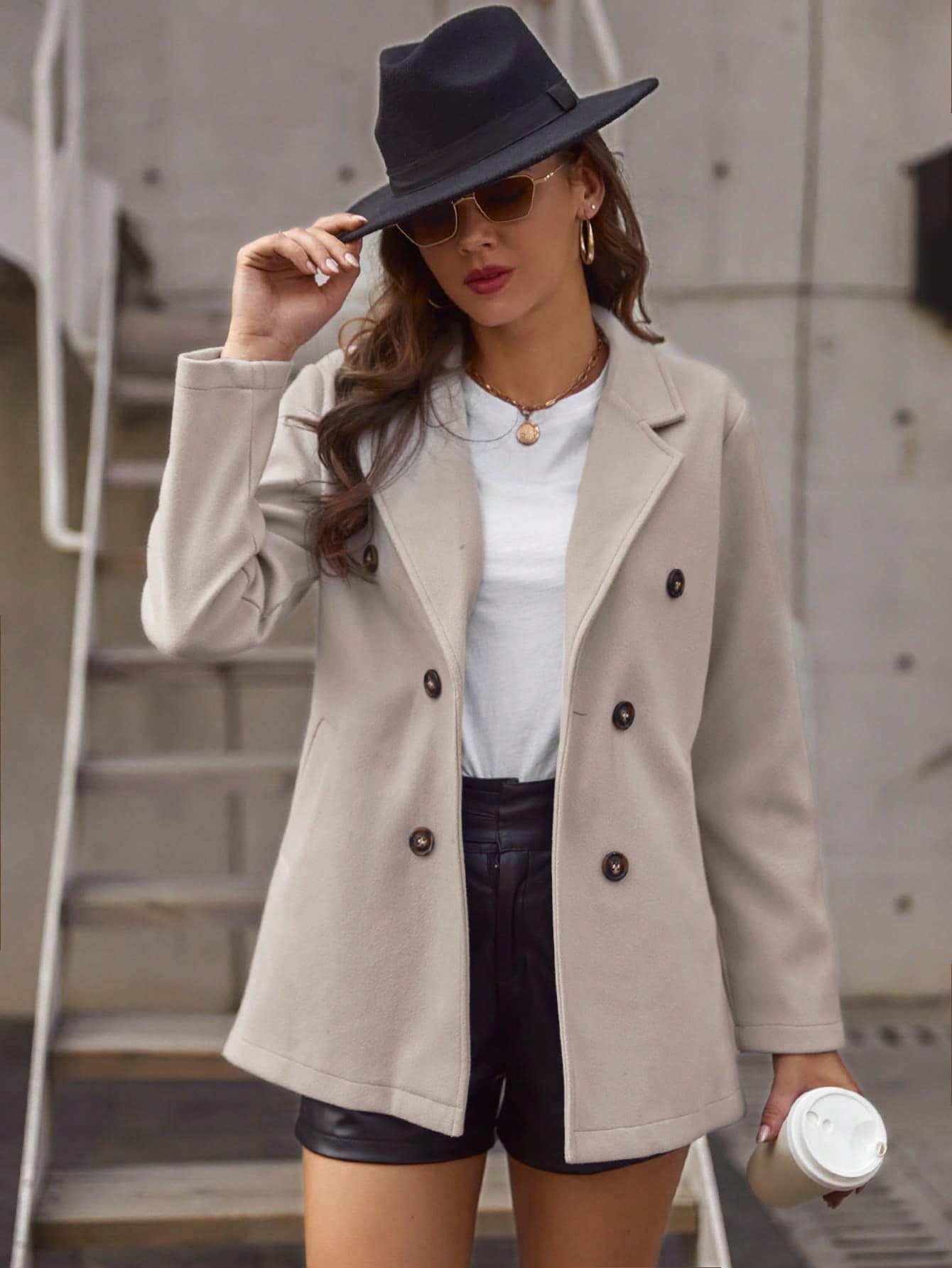 Buy SHEIN Frenchy Lapel Neck Double Breasted Overcoat in Pakistan