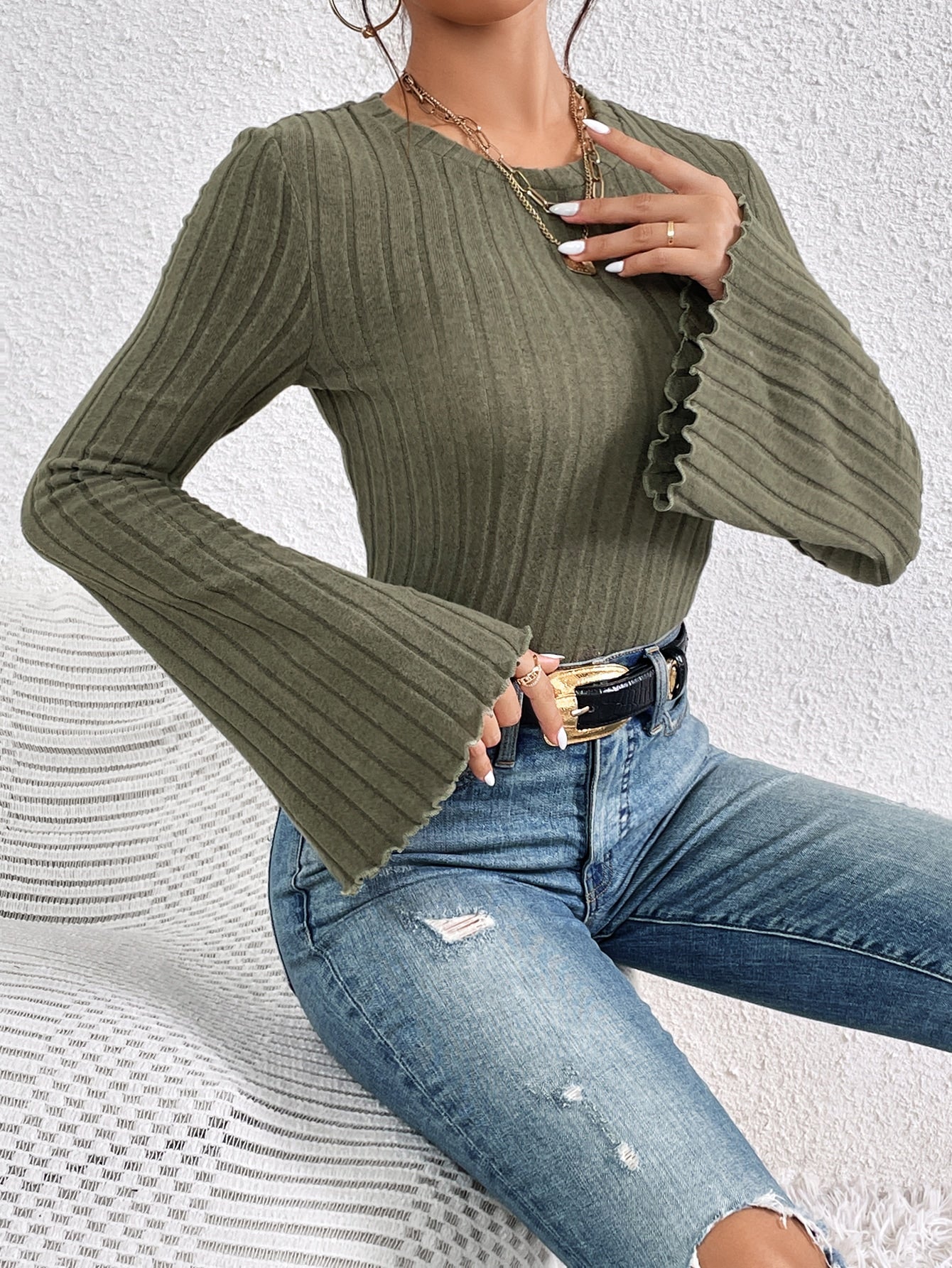 Buy SHEIN Frenchy Lettuce Trim Trumpet Sleeve Ribbed Knit Tee in Pakistan