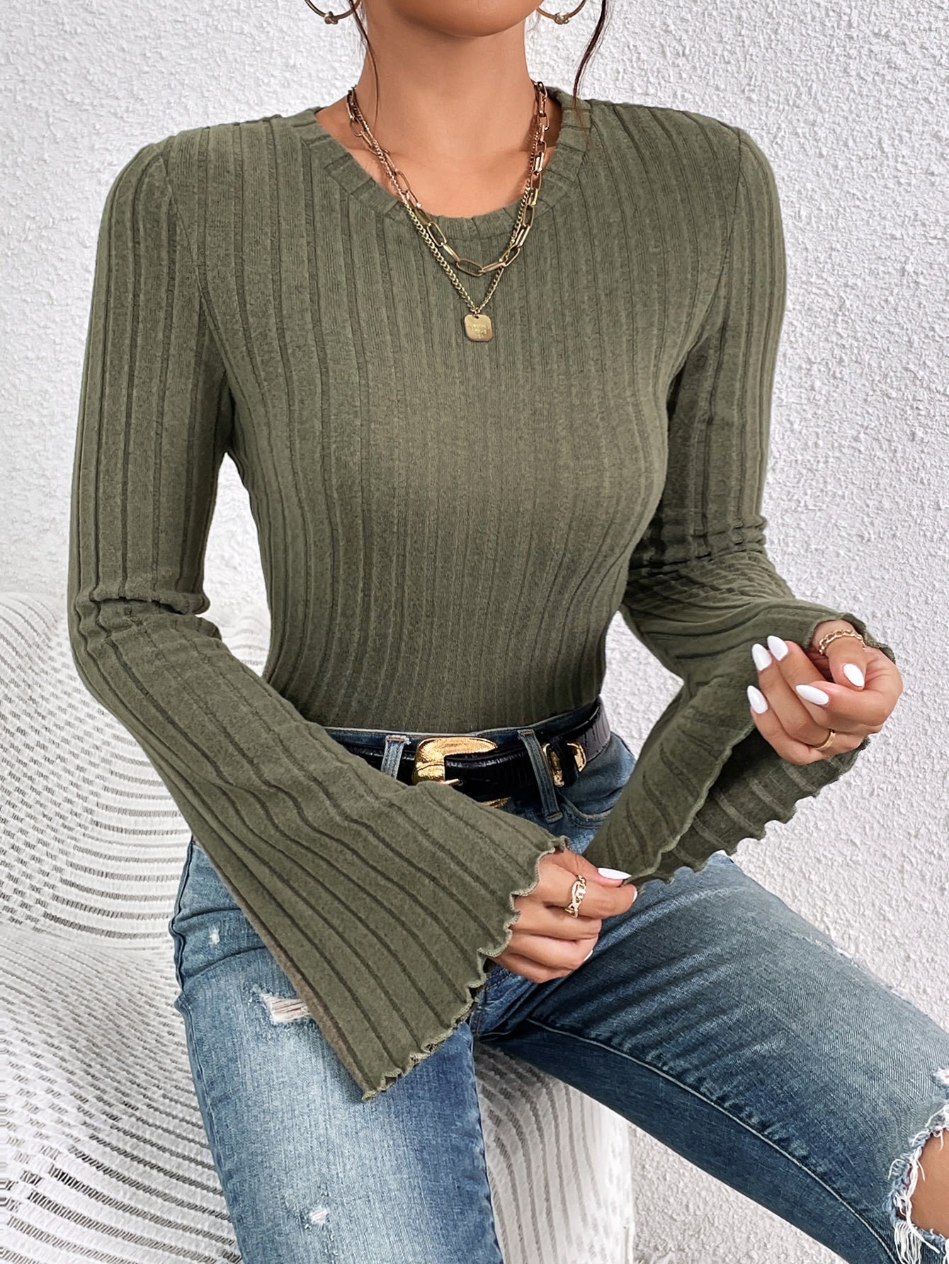 Buy SHEIN Frenchy Lettuce Trim Trumpet Sleeve Ribbed Knit Tee in Pakistan