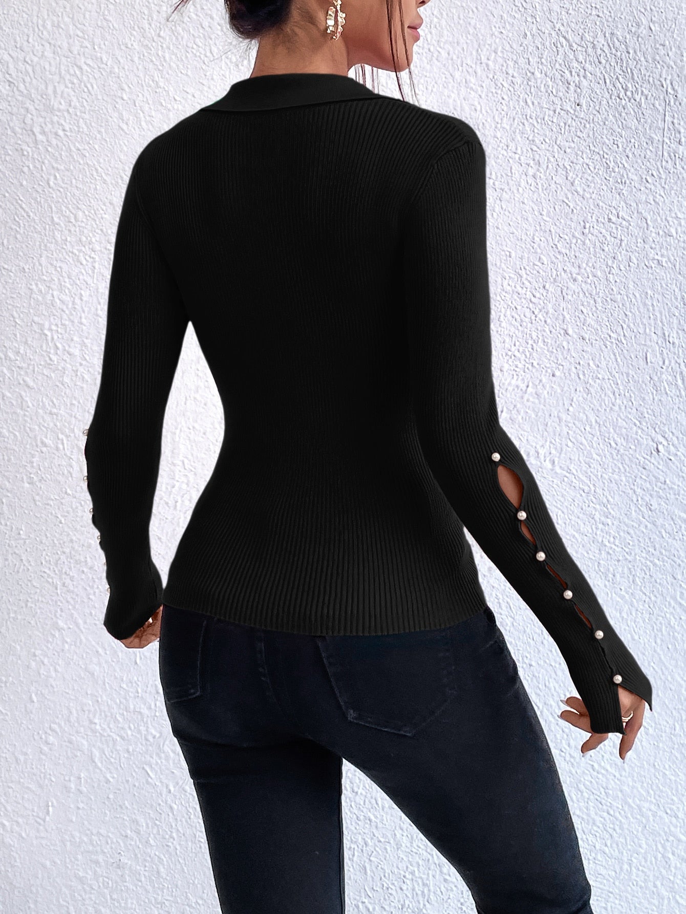 Buy SHEIN Frenchy Pearls Beaded Split Cuff Sweater in Pakistan