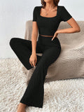 Buy SHEIN Frenchy Solid Crop Tee & Flare Leg Pants in Pakistan