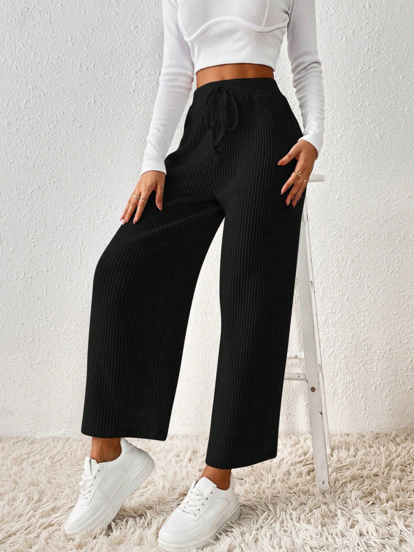 Buy SHEIN Frenchy Solid Knot Waist Wide Leg Pants in Pakistan