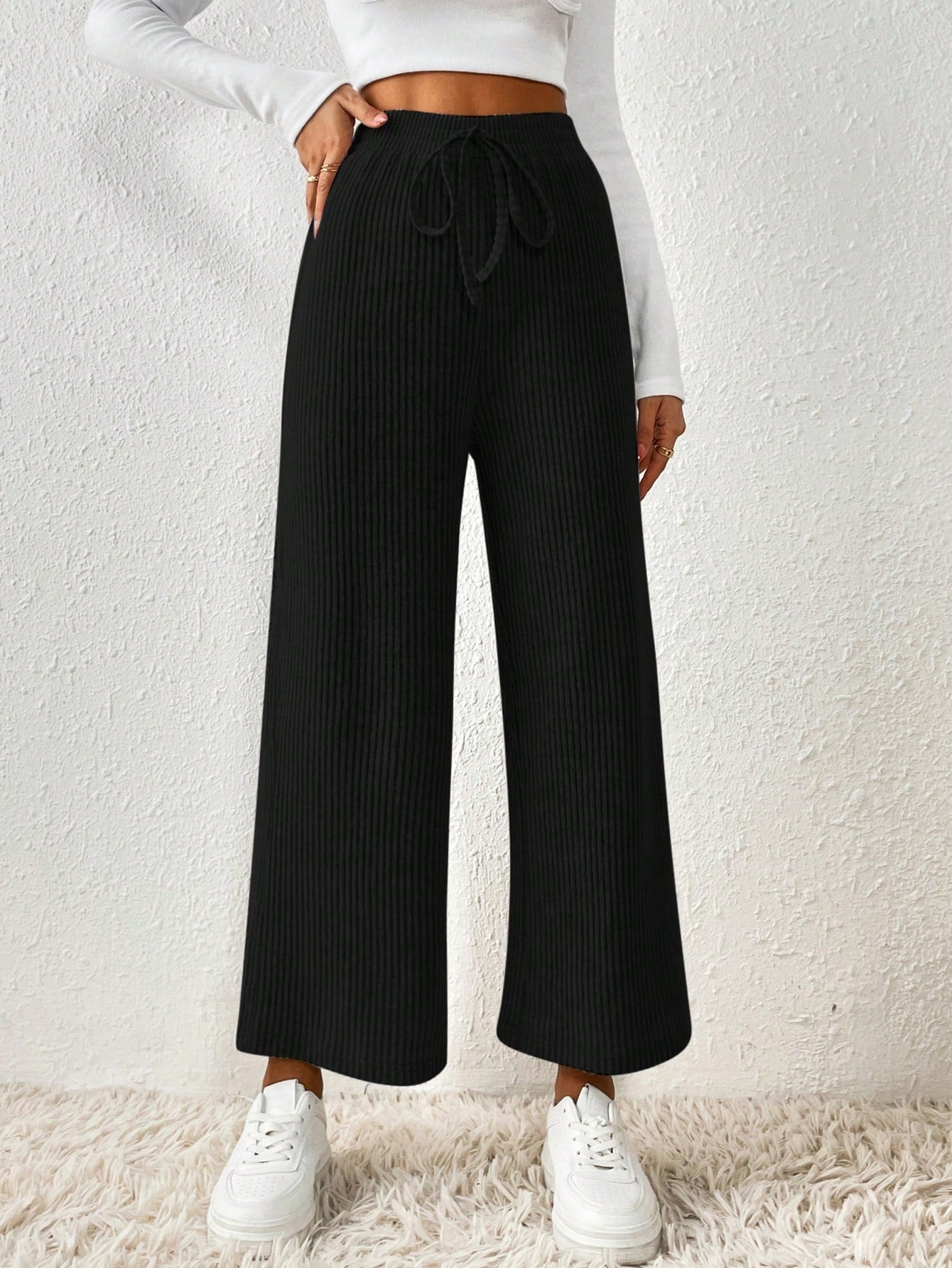 Buy SHEIN Frenchy Solid Knot Waist Wide Leg Pants in Pakistan