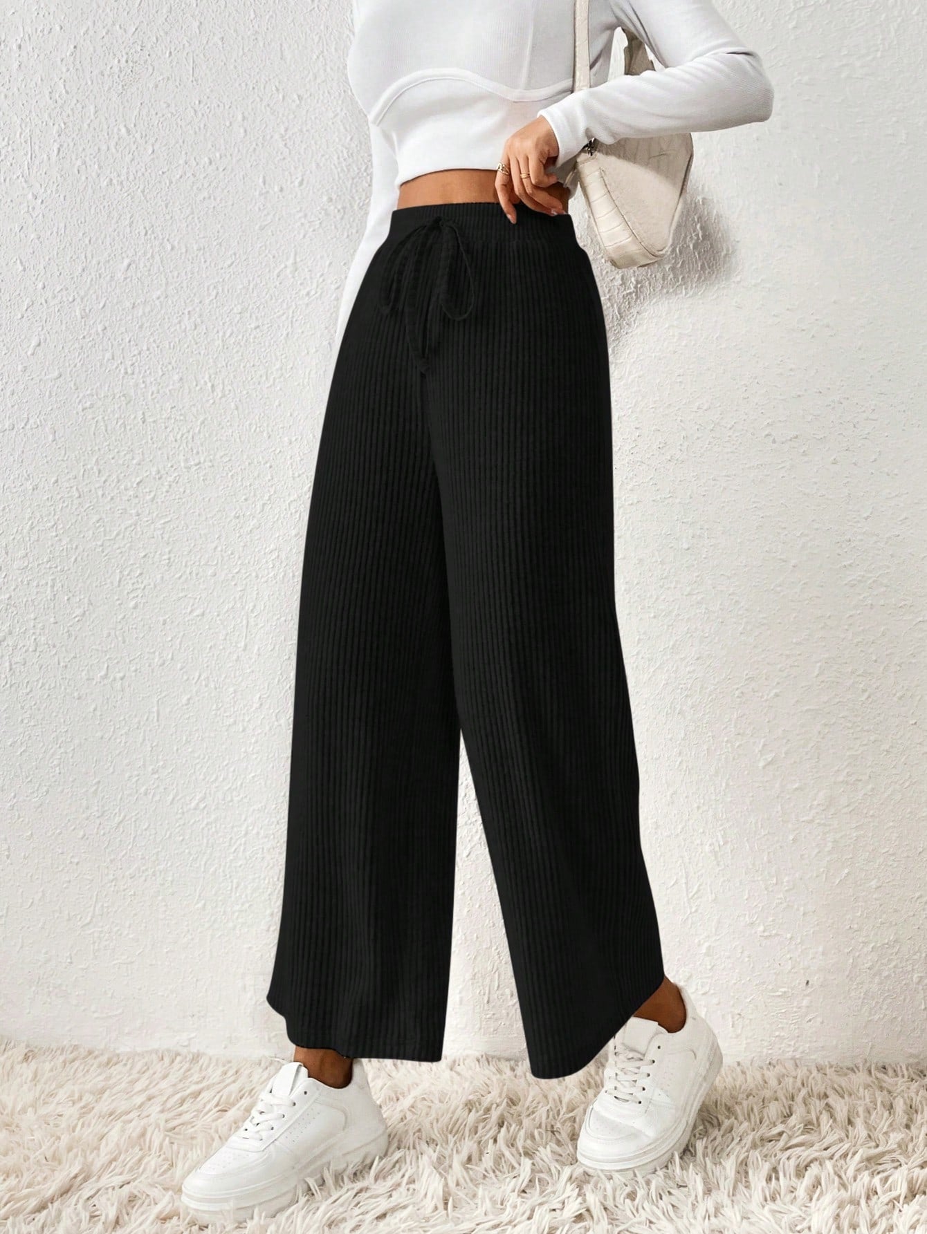 Buy SHEIN Frenchy Solid Knot Waist Wide Leg Pants in Pakistan