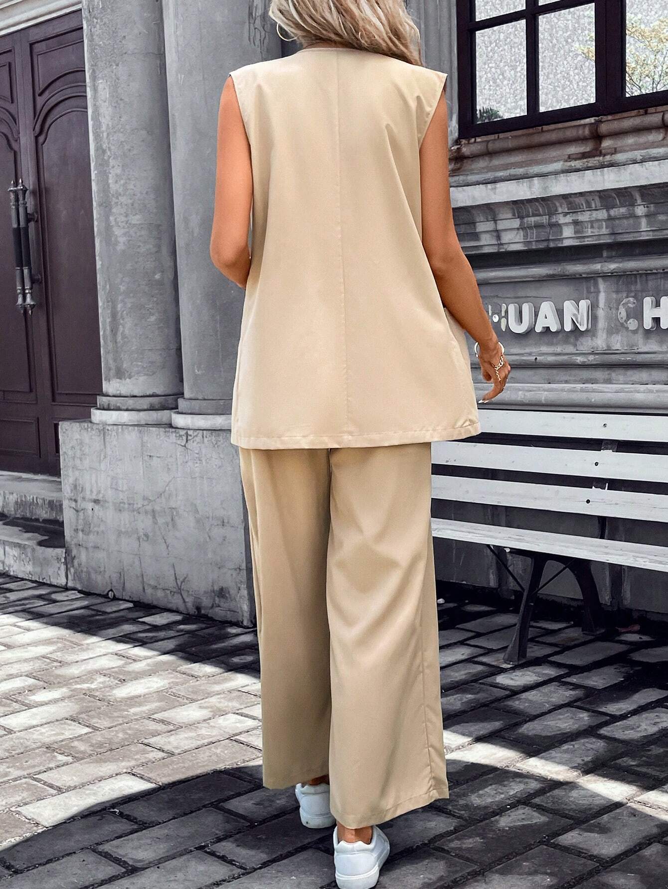 Buy SHEIN Frenchy Solid Lapel Neck Vest Blazer & Tie Front Pants Earthy Clothes in Pakistan