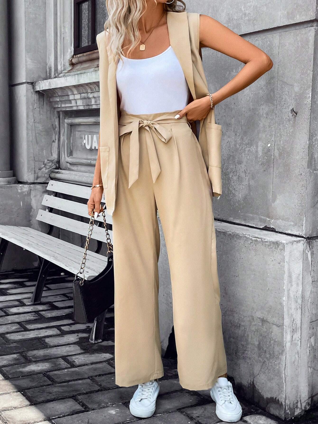 Buy SHEIN Frenchy Solid Lapel Neck Vest Blazer & Tie Front Pants Earthy Clothes in Pakistan