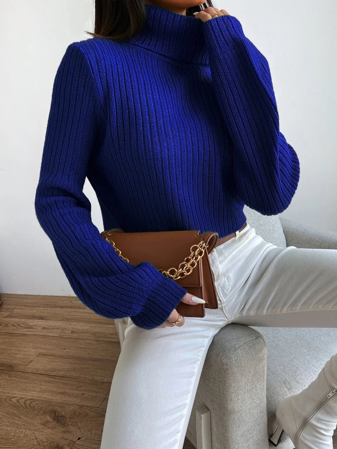 Buy SHEIN Frenchy Solid Turtleneck Bishop Sleeve Crop Sweater in Pakistan