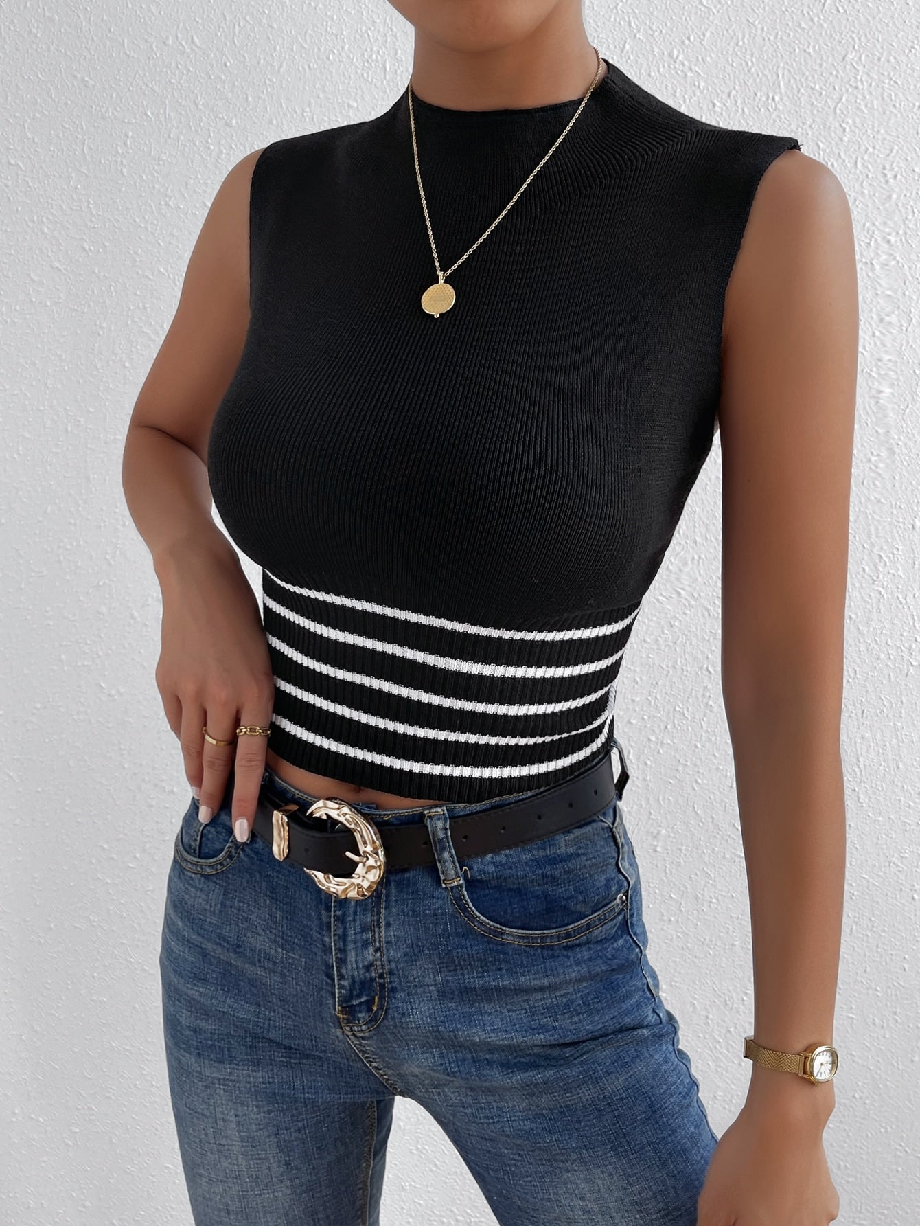 Buy SHEIN Frenchy Striped Pattern Mock Neck Knit Top in Pakistan