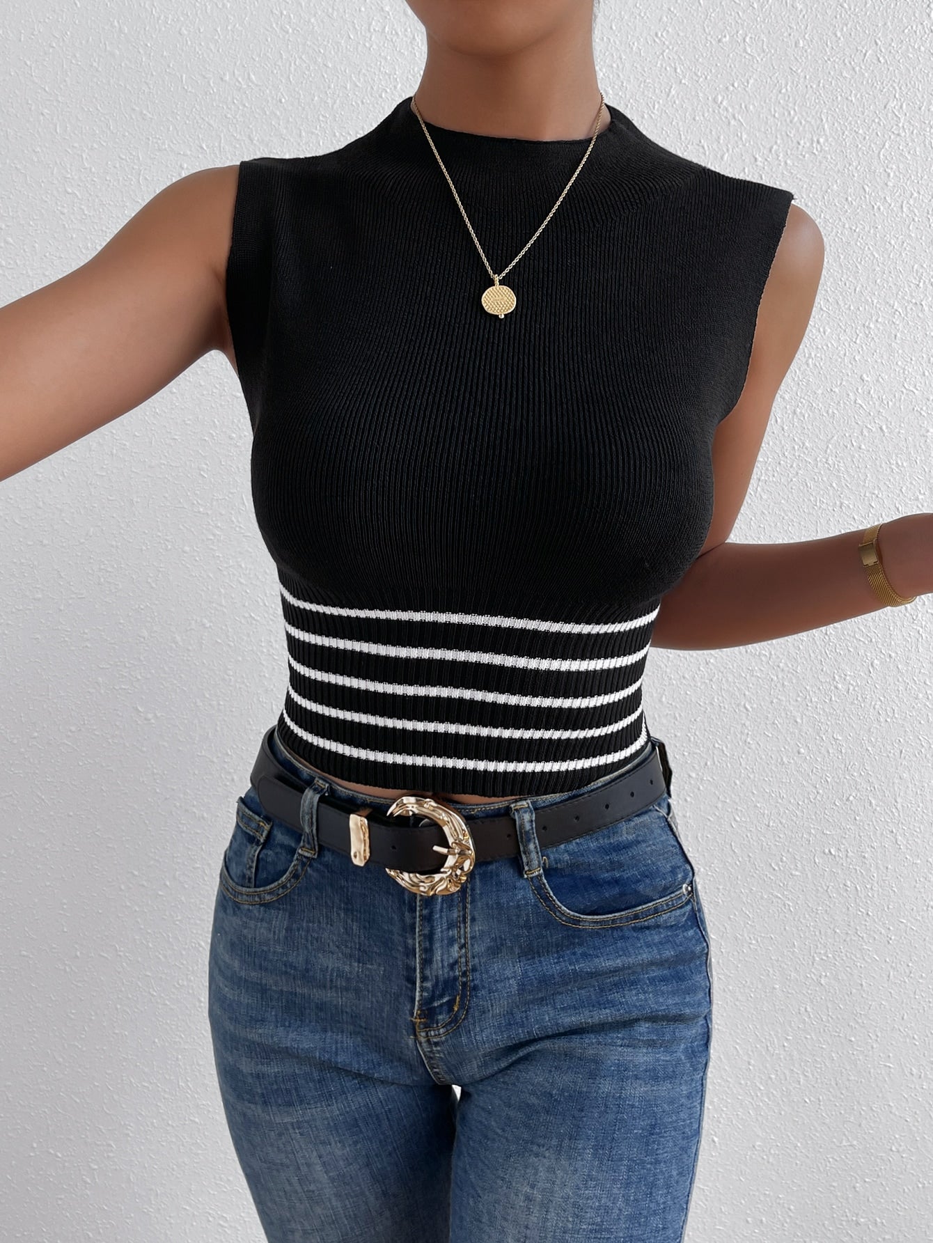 Buy SHEIN Frenchy Striped Pattern Mock Neck Knit Top in Pakistan