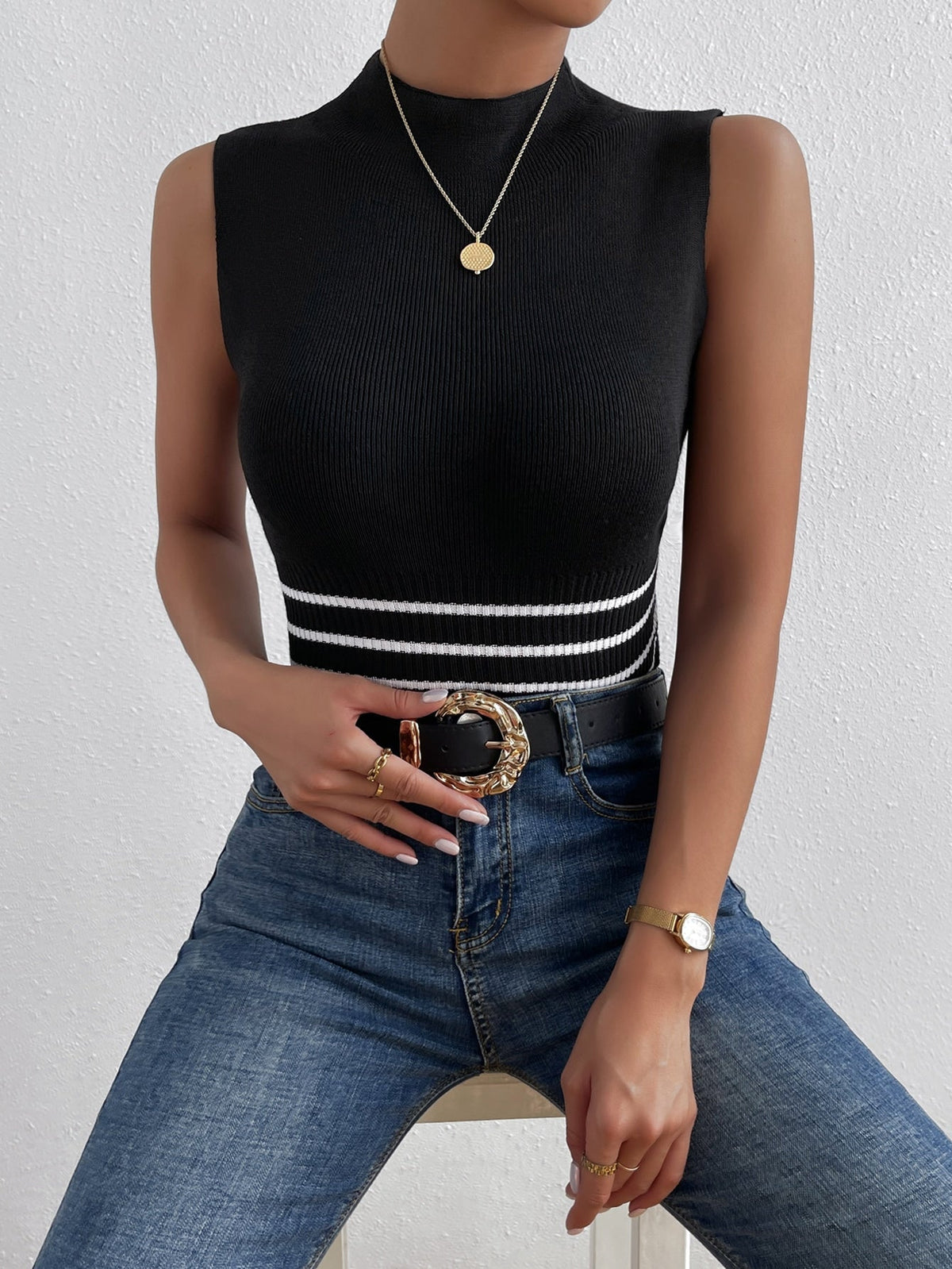 Buy SHEIN Frenchy Striped Pattern Mock Neck Knit Top in Pakistan