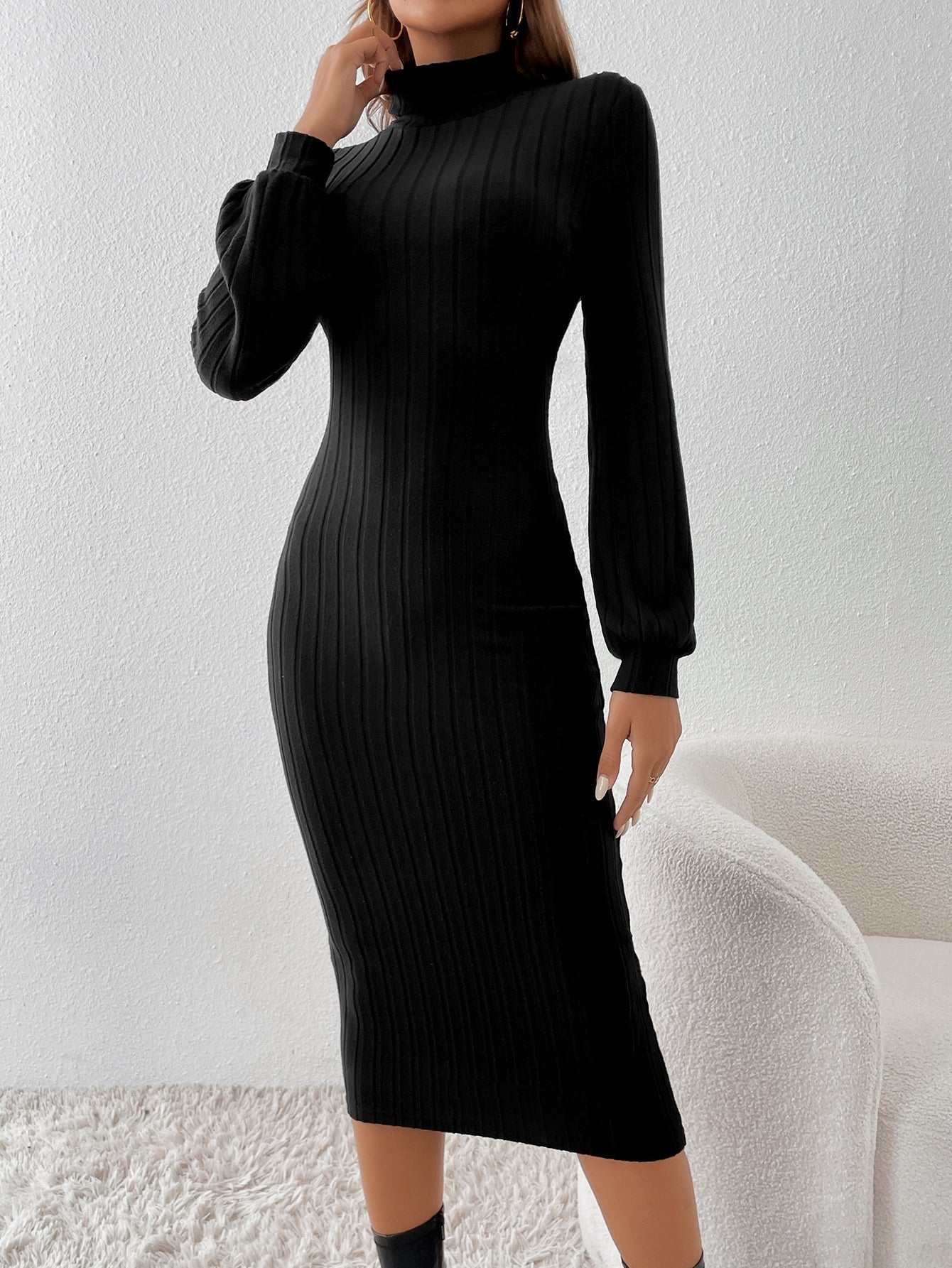 Buy SHEIN Frenchy Turtleneck Lantern Sleeve Bodycon Dress Without Belt in Pakistan