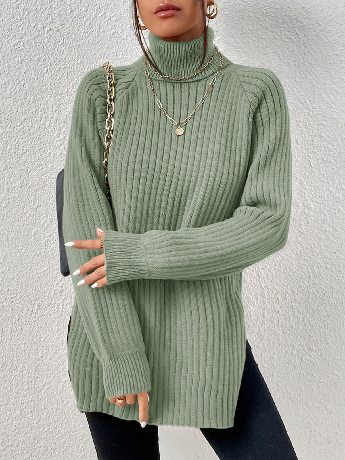 Buy SHEIN Frenchy Turtleneck Raglan Sleeve Split Hem Jumper in Pakistan