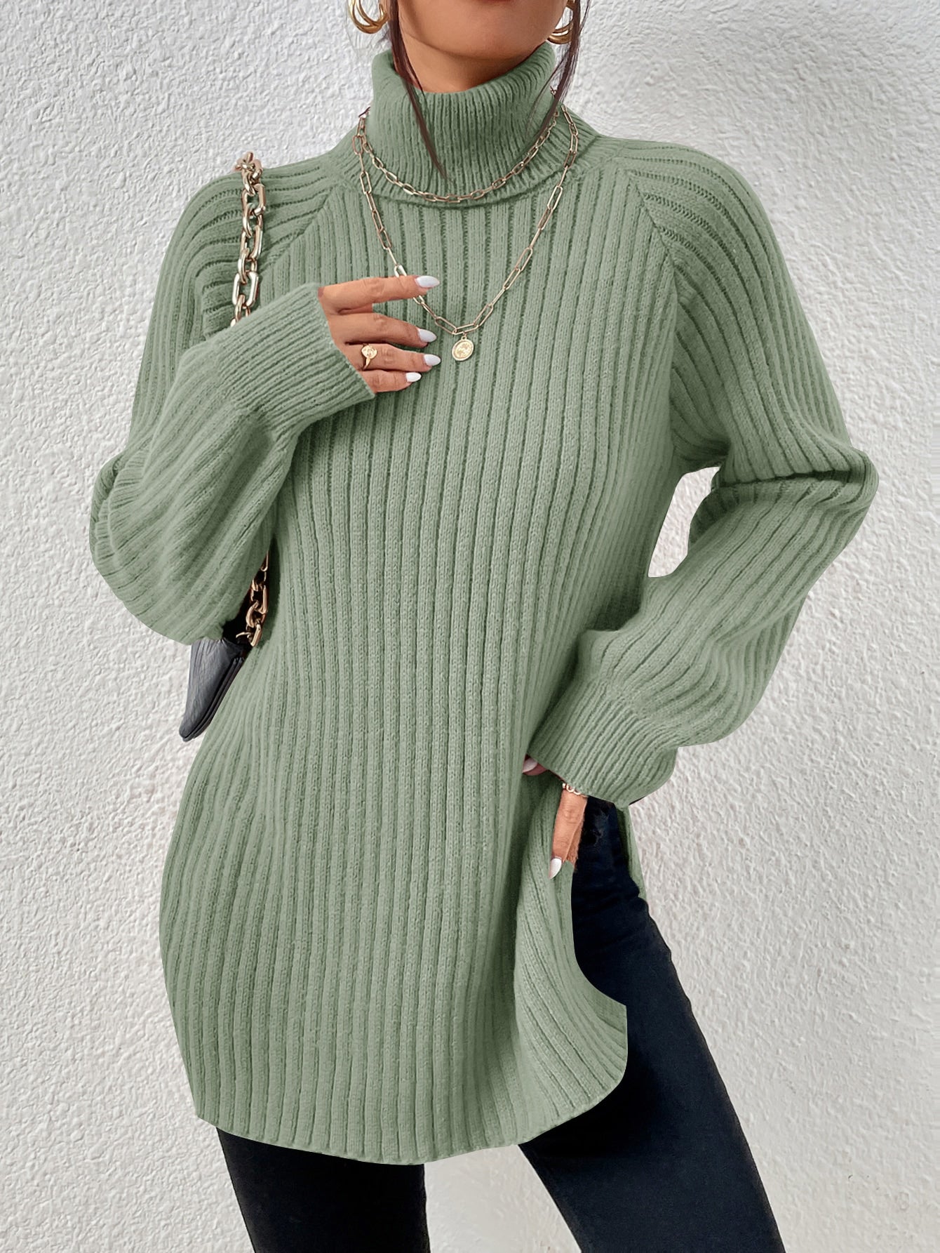 Buy SHEIN Frenchy Turtleneck Raglan Sleeve Split Hem Jumper in Pakistan