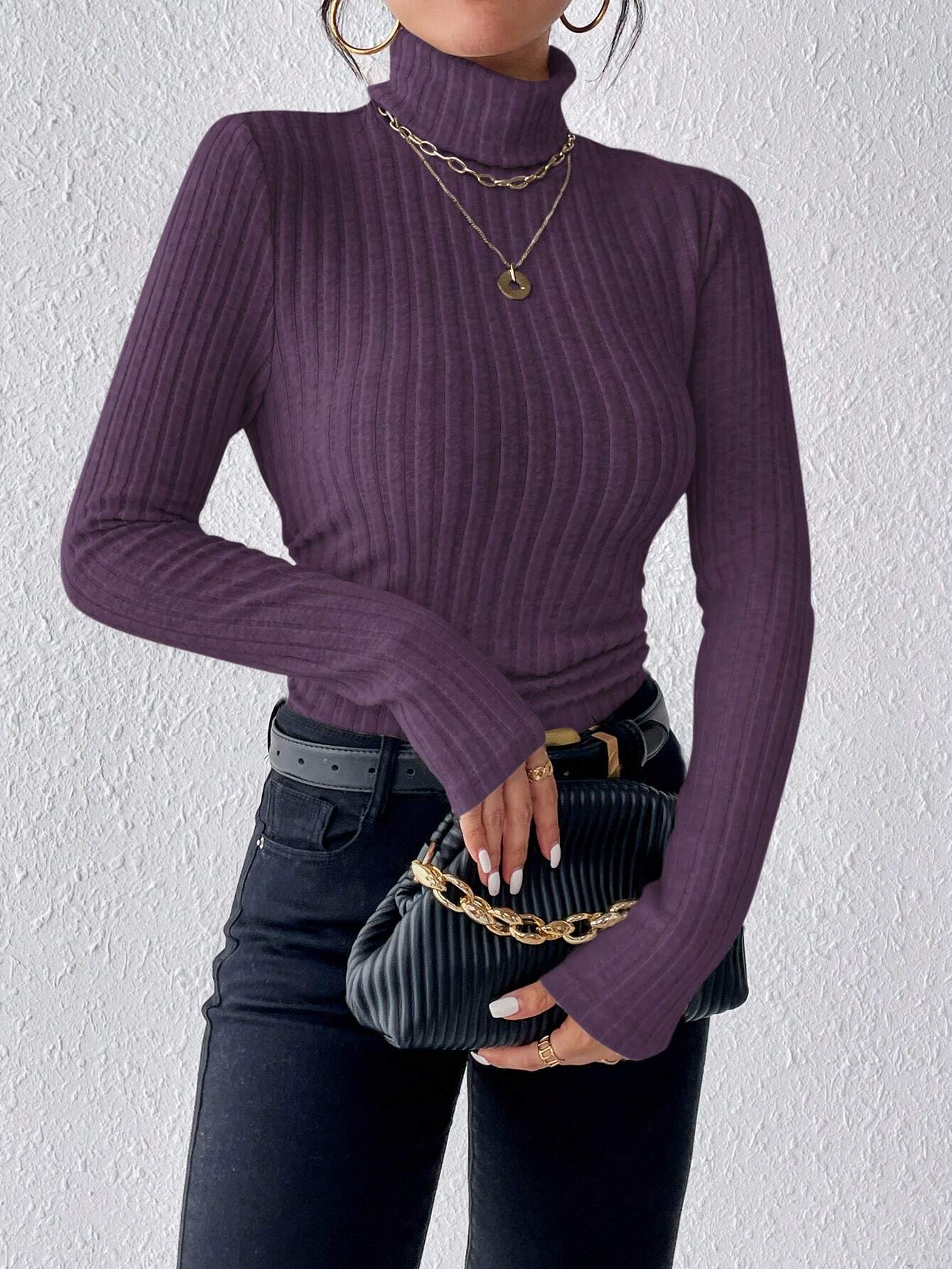 Buy SHEIN Frenchy Women's High Neck Ribbed Knit Long Sleeve T-Shirt in Pakistan