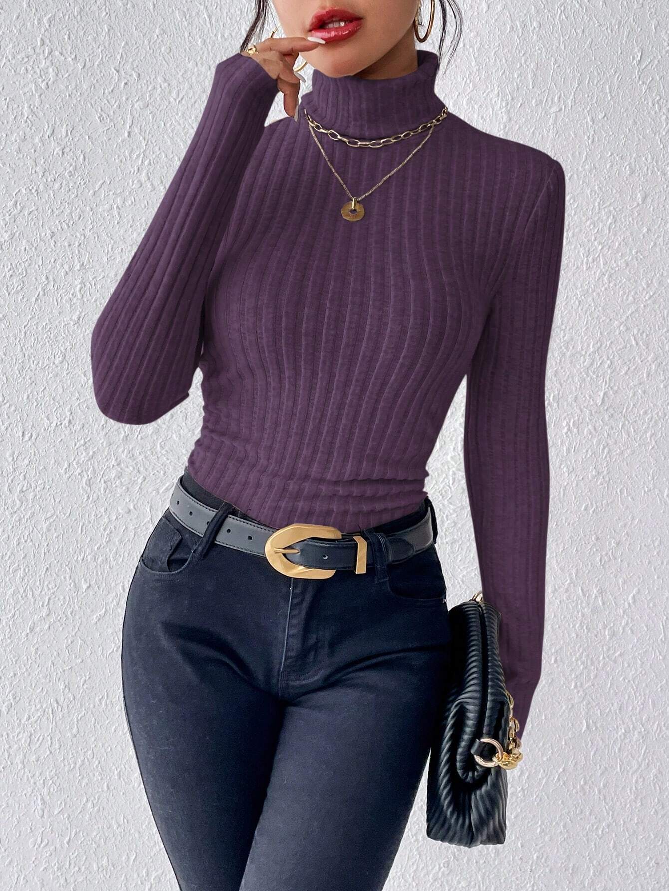 Buy SHEIN Frenchy Women's High Neck Ribbed Knit Long Sleeve T-Shirt in Pakistan