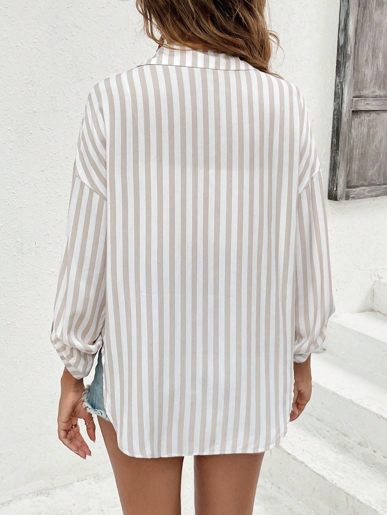 Buy SHEIN Frenchy Women's Old Money Outfits Striped Printed Linen Casual Long-Sleeved Shirt in Pakistan