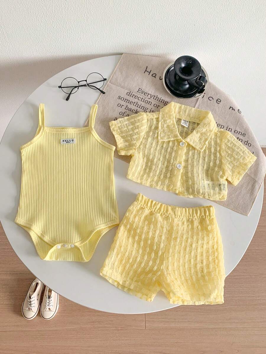 Buy SHEIN Genkimix Kids Baby Girls' Holiday Leisure Style Textured Fabric Short Sleeved Shirt + Shorts + Suspenders Romper 3pcs Set - Perfect For Daily Wear, Exclusive For Summer in Pakistan