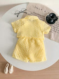Buy SHEIN Genkimix Kids Baby Girls' Holiday Leisure Style Textured Fabric Short Sleeved Shirt + Shorts + Suspenders Romper 3pcs Set - Perfect For Daily Wear, Exclusive For Summer in Pakistan