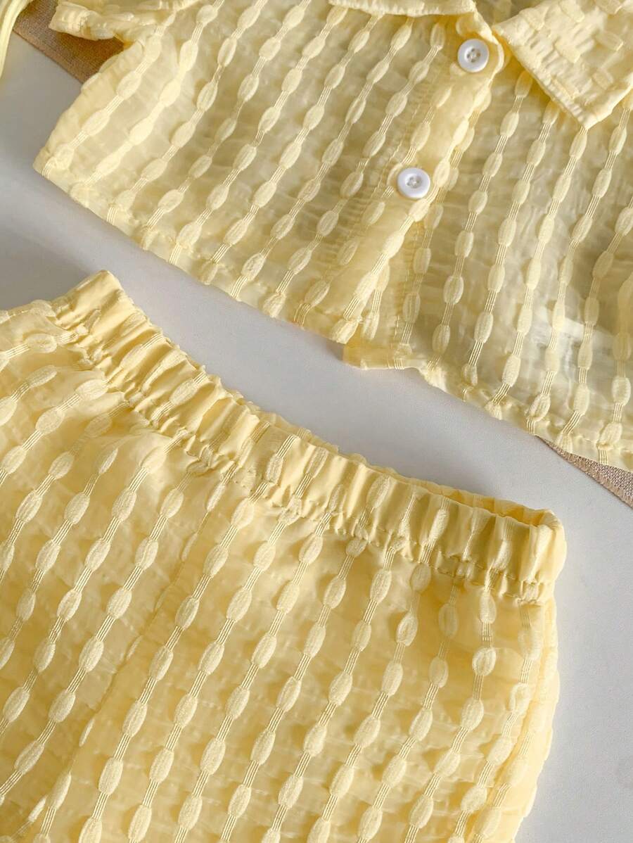 Buy SHEIN Genkimix Kids Baby Girls' Holiday Leisure Style Textured Fabric Short Sleeved Shirt + Shorts + Suspenders Romper 3pcs Set - Perfect For Daily Wear, Exclusive For Summer in Pakistan