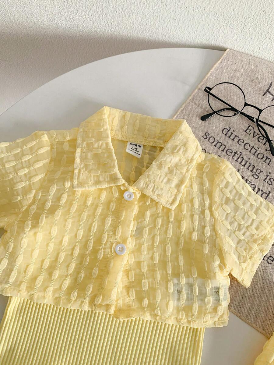 Buy SHEIN Genkimix Kids Baby Girls' Holiday Leisure Style Textured Fabric Short Sleeved Shirt + Shorts + Suspenders Romper 3pcs Set - Perfect For Daily Wear, Exclusive For Summer in Pakistan