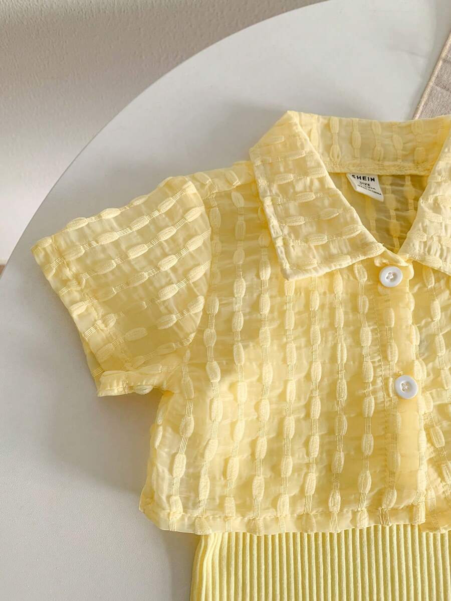 Buy SHEIN Genkimix Kids Baby Girls' Holiday Leisure Style Textured Fabric Short Sleeved Shirt + Shorts + Suspenders Romper 3pcs Set - Perfect For Daily Wear, Exclusive For Summer in Pakistan