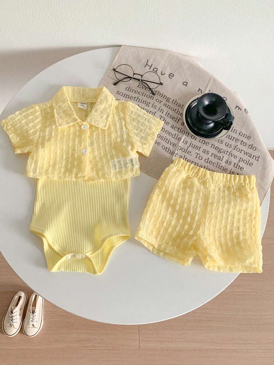 Buy SHEIN Genkimix Kids Baby Girls' Holiday Leisure Style Textured Fabric Short Sleeved Shirt + Shorts + Suspenders Romper 3pcs Set - Perfect For Daily Wear, Exclusive For Summer in Pakistan