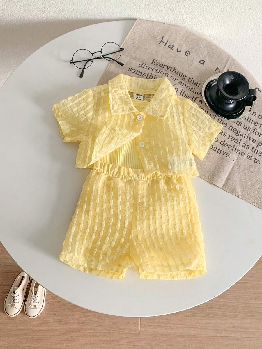 Buy SHEIN Genkimix Kids Baby Girls' Holiday Leisure Style Textured Fabric Short Sleeved Shirt + Shorts + Suspenders Romper 3pcs Set - Perfect For Daily Wear, Exclusive For Summer in Pakistan