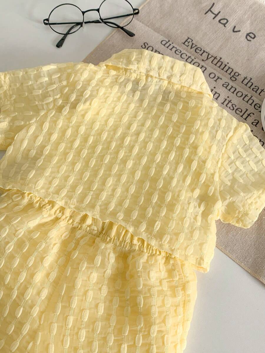 Buy SHEIN Genkimix Kids Baby Girls' Holiday Leisure Style Textured Fabric Short Sleeved Shirt + Shorts + Suspenders Romper 3pcs Set - Perfect For Daily Wear, Exclusive For Summer in Pakistan
