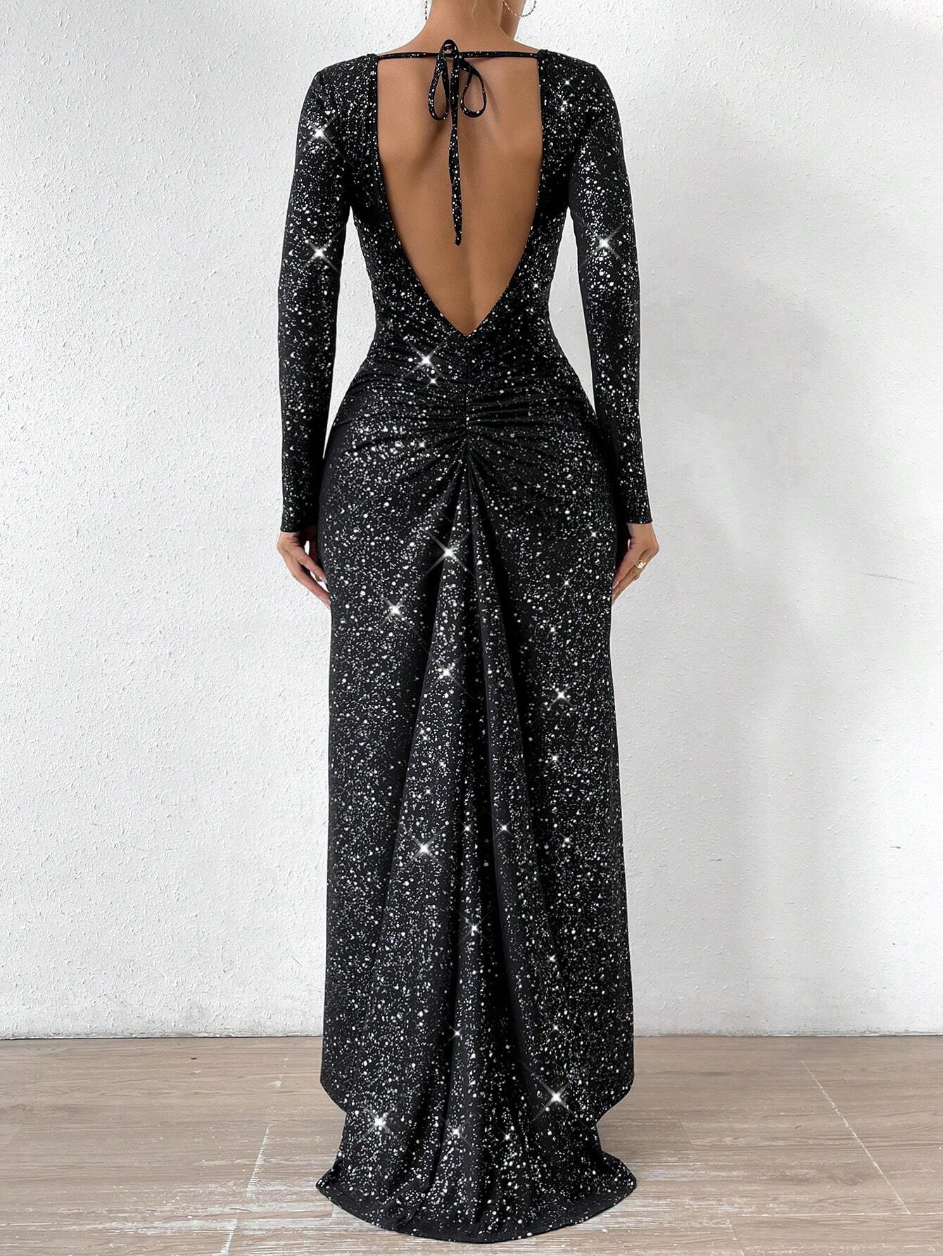 Buy SHEIN Glamour Tie Backless Sequin Decor Mermaid Hem Sequin Formal Dress in Pakistan