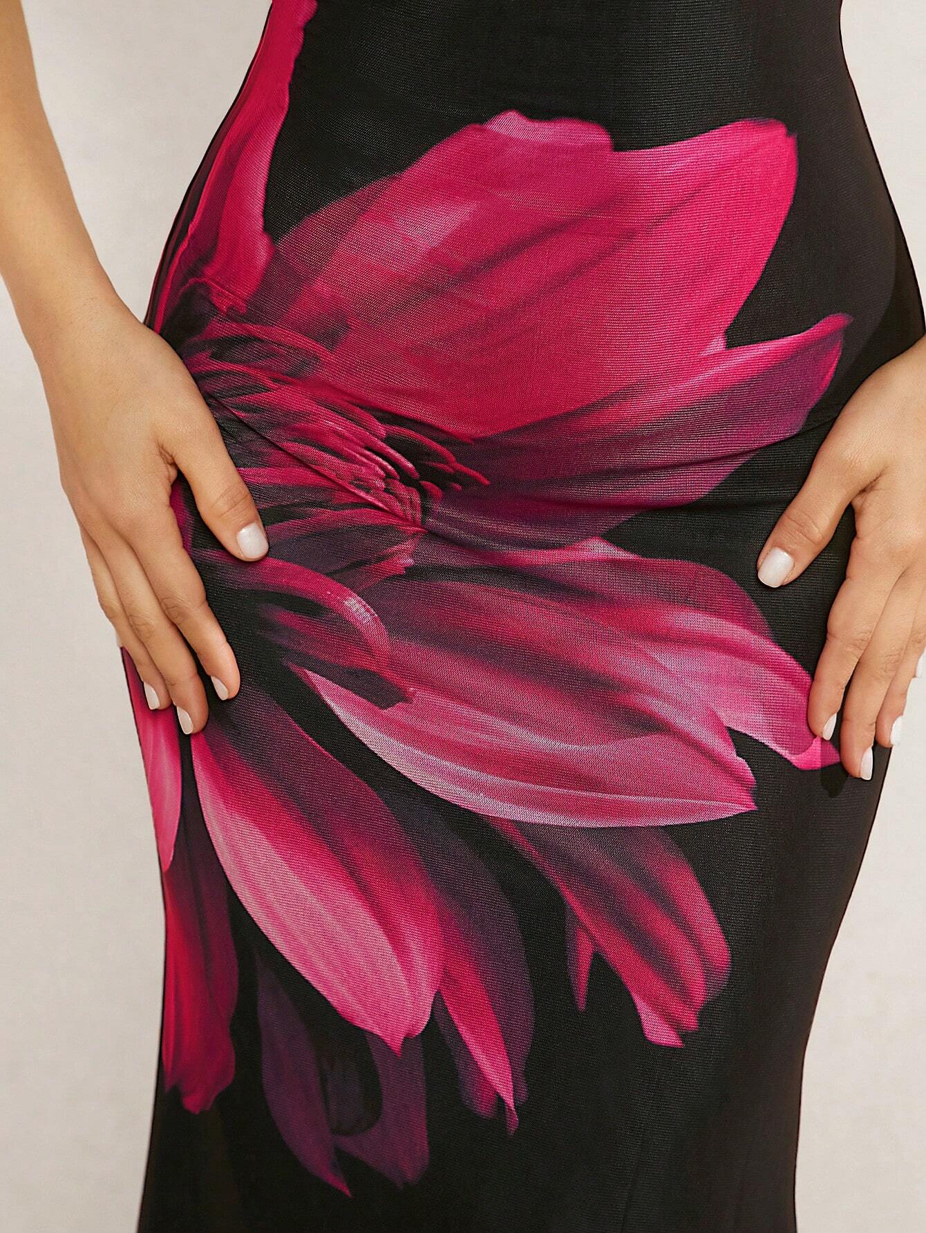 Buy SHEIN Haute Elegant Floral Print Lace Up Backless Halter Neck Dress in Pakistan