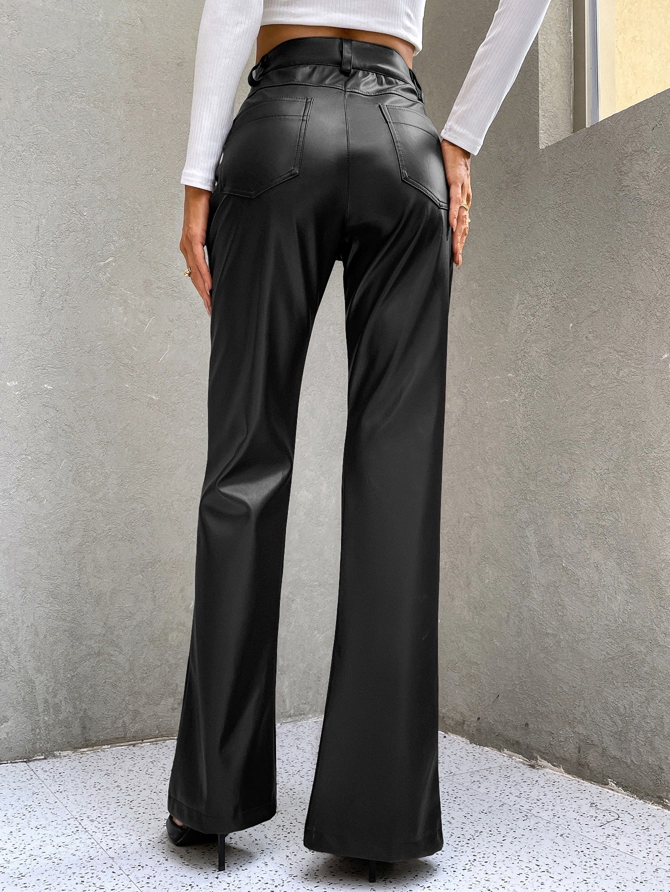 Buy SHEIN ICON High Waist Slit Hem PU Leather Flare Leg Pants in Pakistan