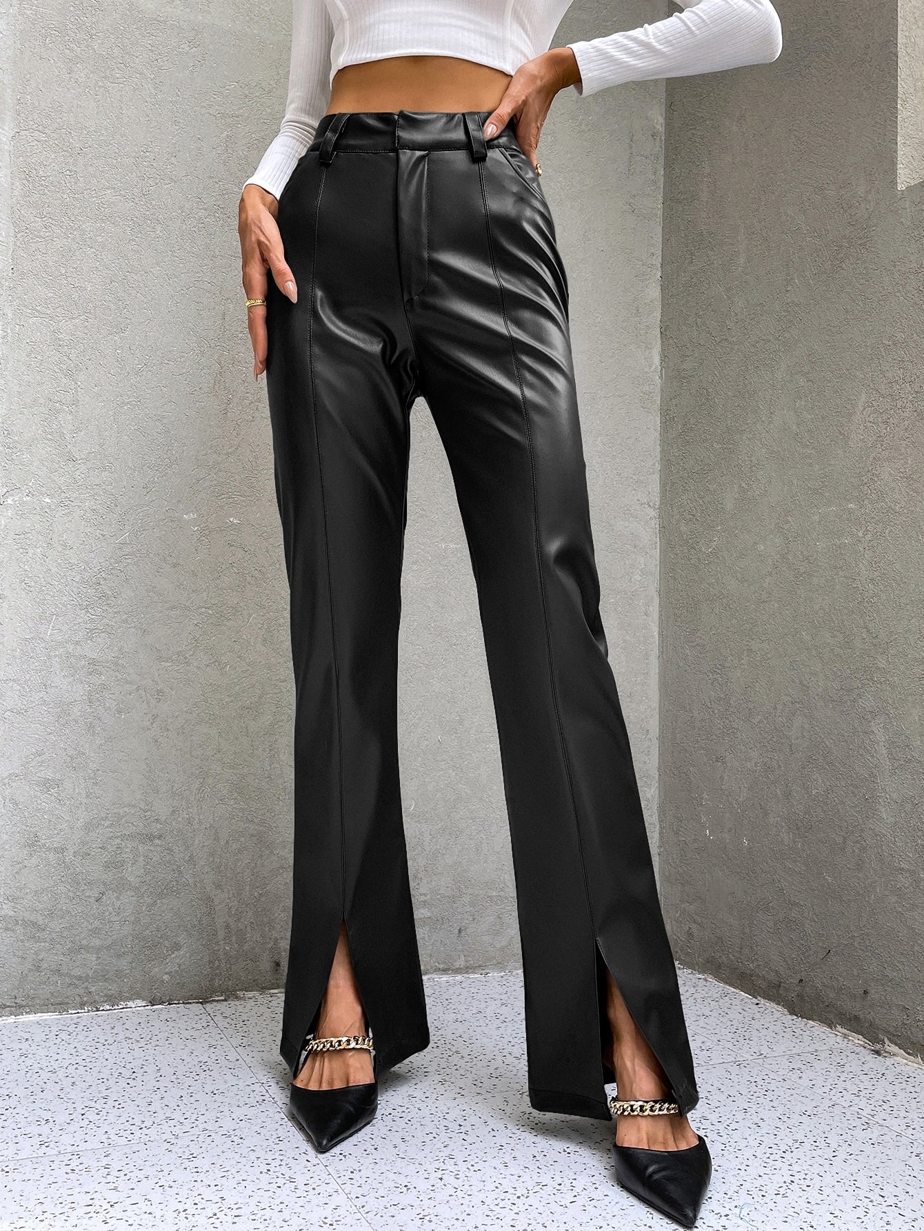 Buy SHEIN ICON High Waist Slit Hem PU Leather Flare Leg Pants in Pakistan
