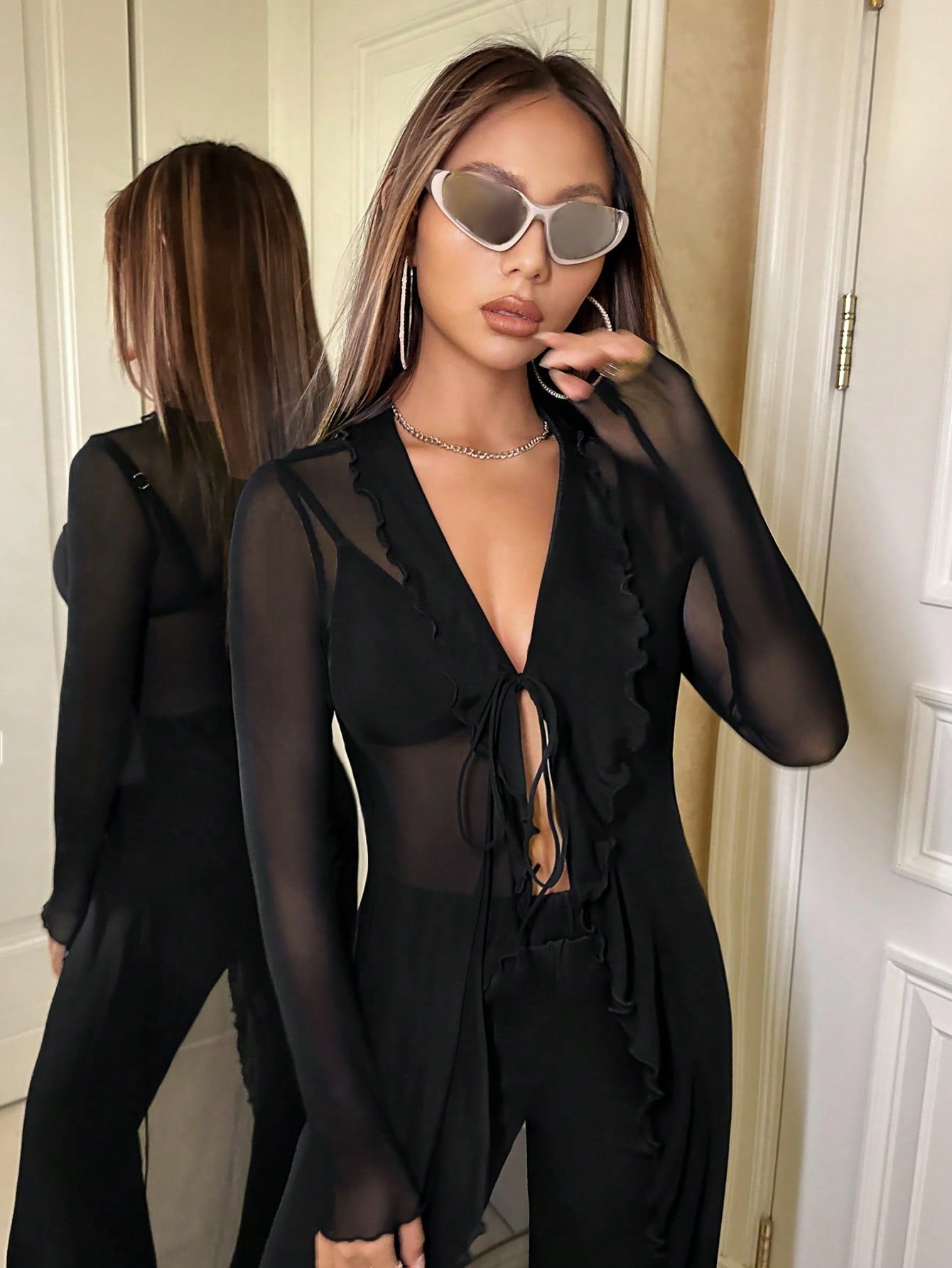 Buy SHEIN ICON Solid Lettuce Trim Mesh Top Without Bra in Pakistan