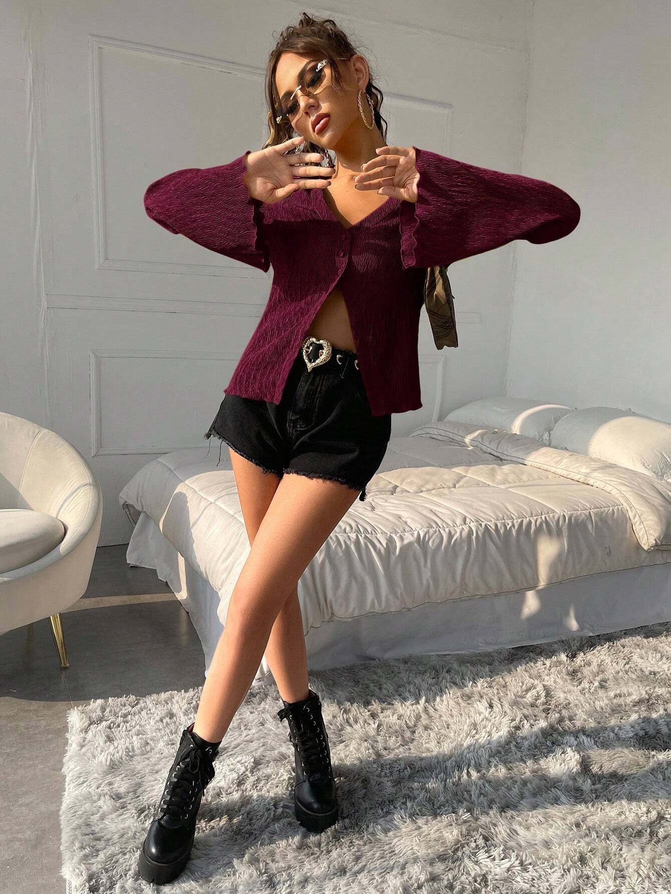 Buy SHEIN ICON Women's Bell Sleeve Textured Shirt in Pakistan