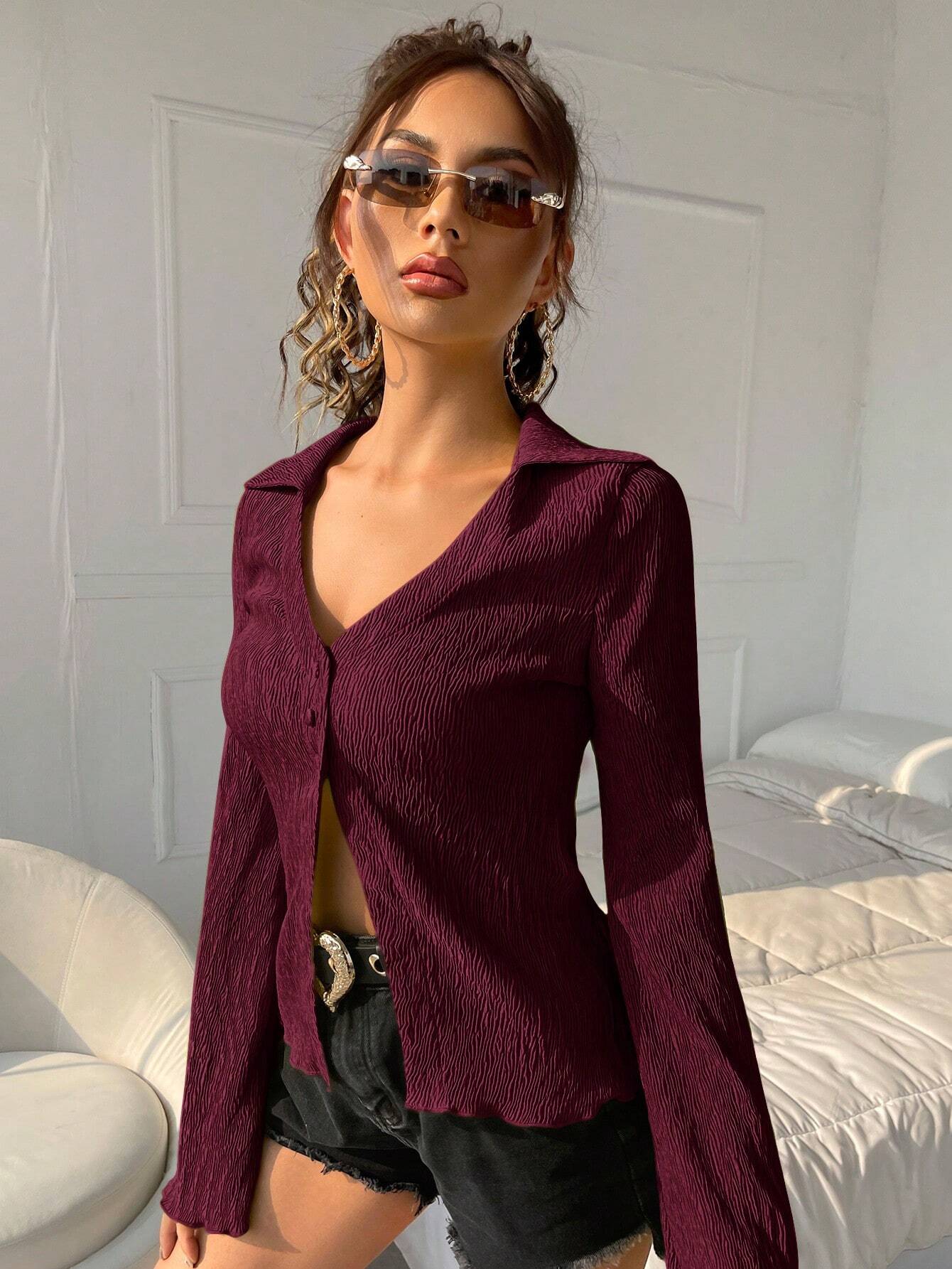 Buy SHEIN ICON Women's Bell Sleeve Textured Shirt in Pakistan