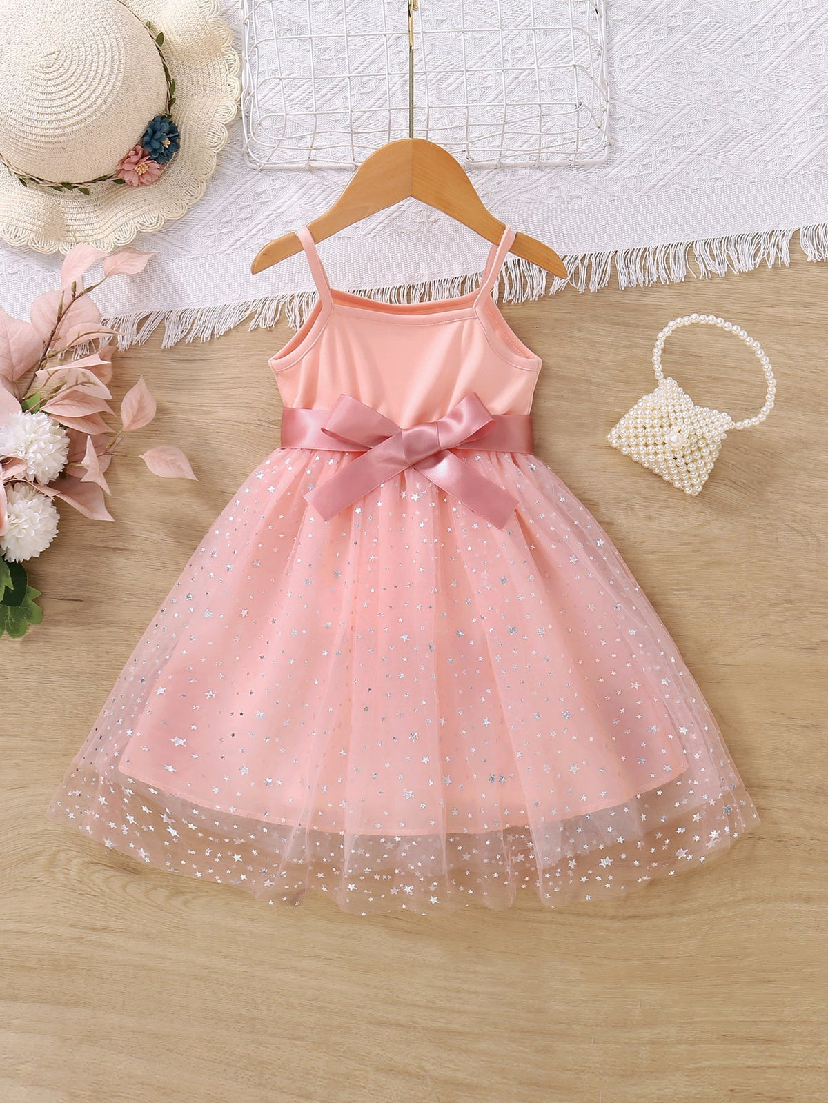 Buy SHEIN Kids CHARMNG Young Girl Star Print Mesh Overlay Belted Cami Dress in Pakistan