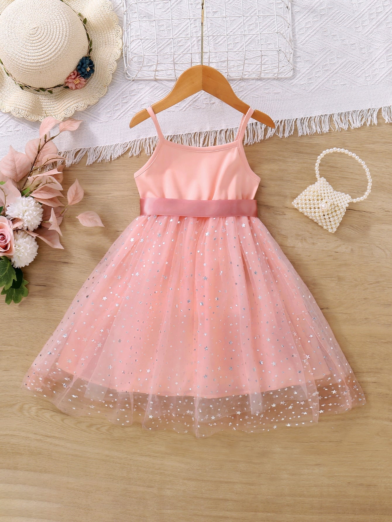 Buy SHEIN Kids CHARMNG Young Girl Star Print Mesh Overlay Belted Cami Dress in Pakistan