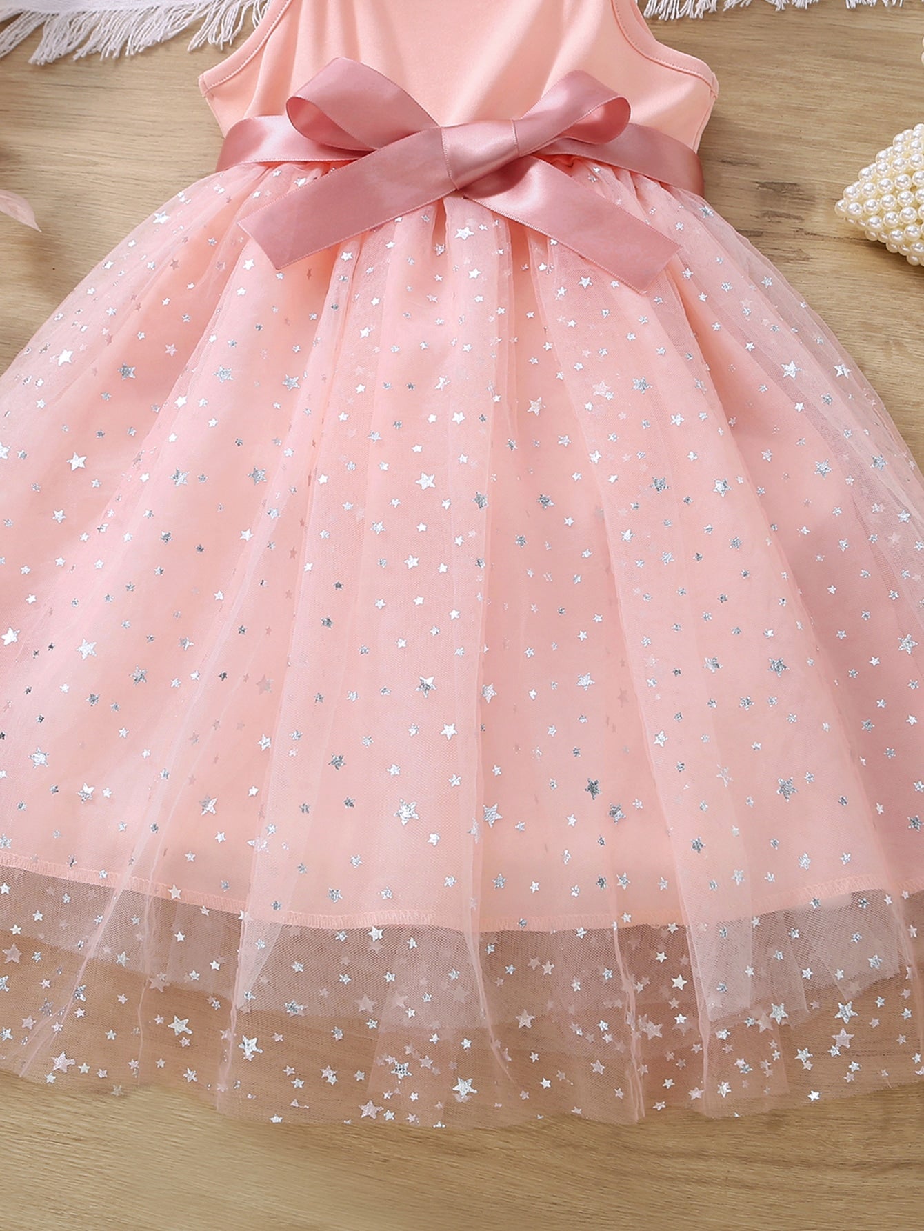 Buy SHEIN Kids CHARMNG Young Girl Star Print Mesh Overlay Belted Cami Dress in Pakistan