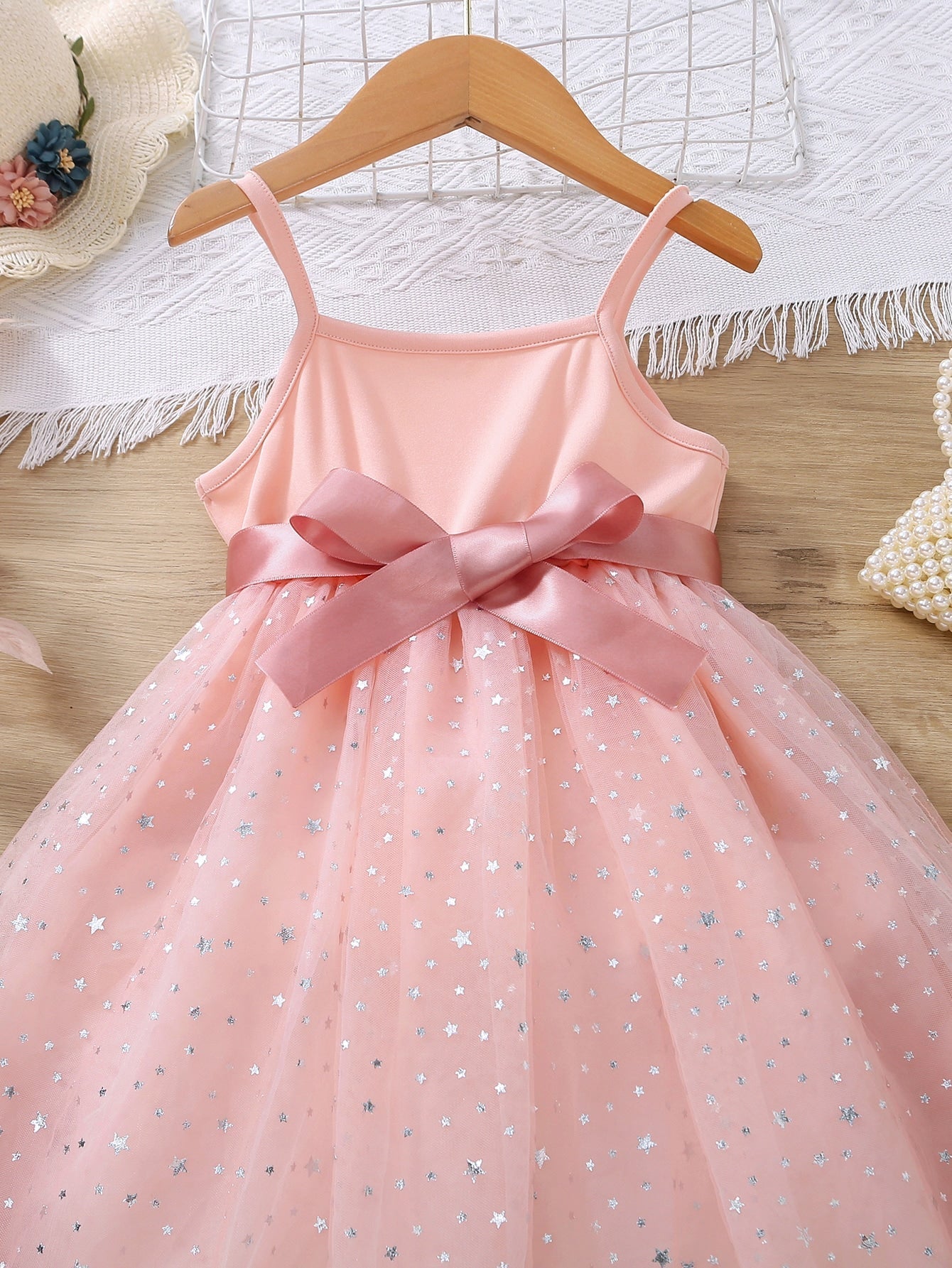 Buy SHEIN Kids CHARMNG Young Girl Star Print Mesh Overlay Belted Cami Dress in Pakistan