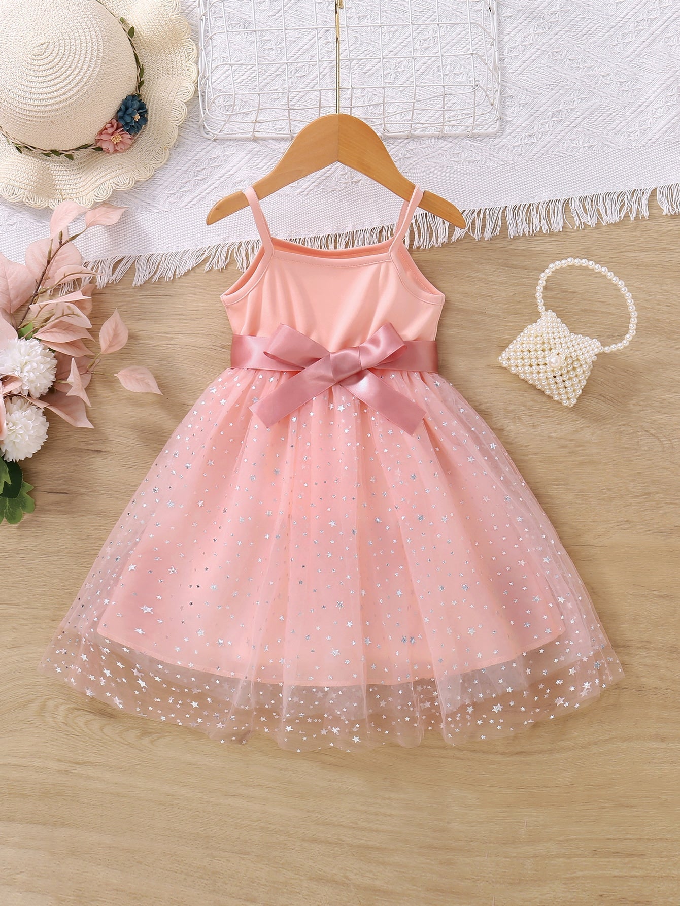 Buy SHEIN Kids CHARMNG Young Girl Star Print Mesh Overlay Belted Cami Dress in Pakistan