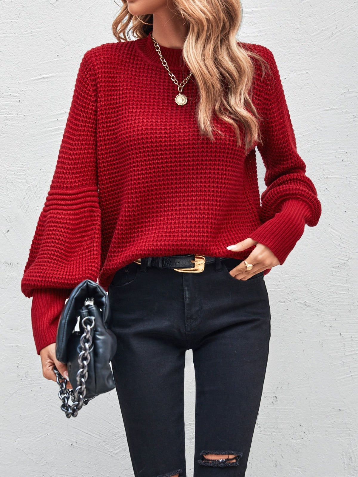 Buy SHEIN LUNE Mock Neck Lantern Sleeve Sweater in Pakistan