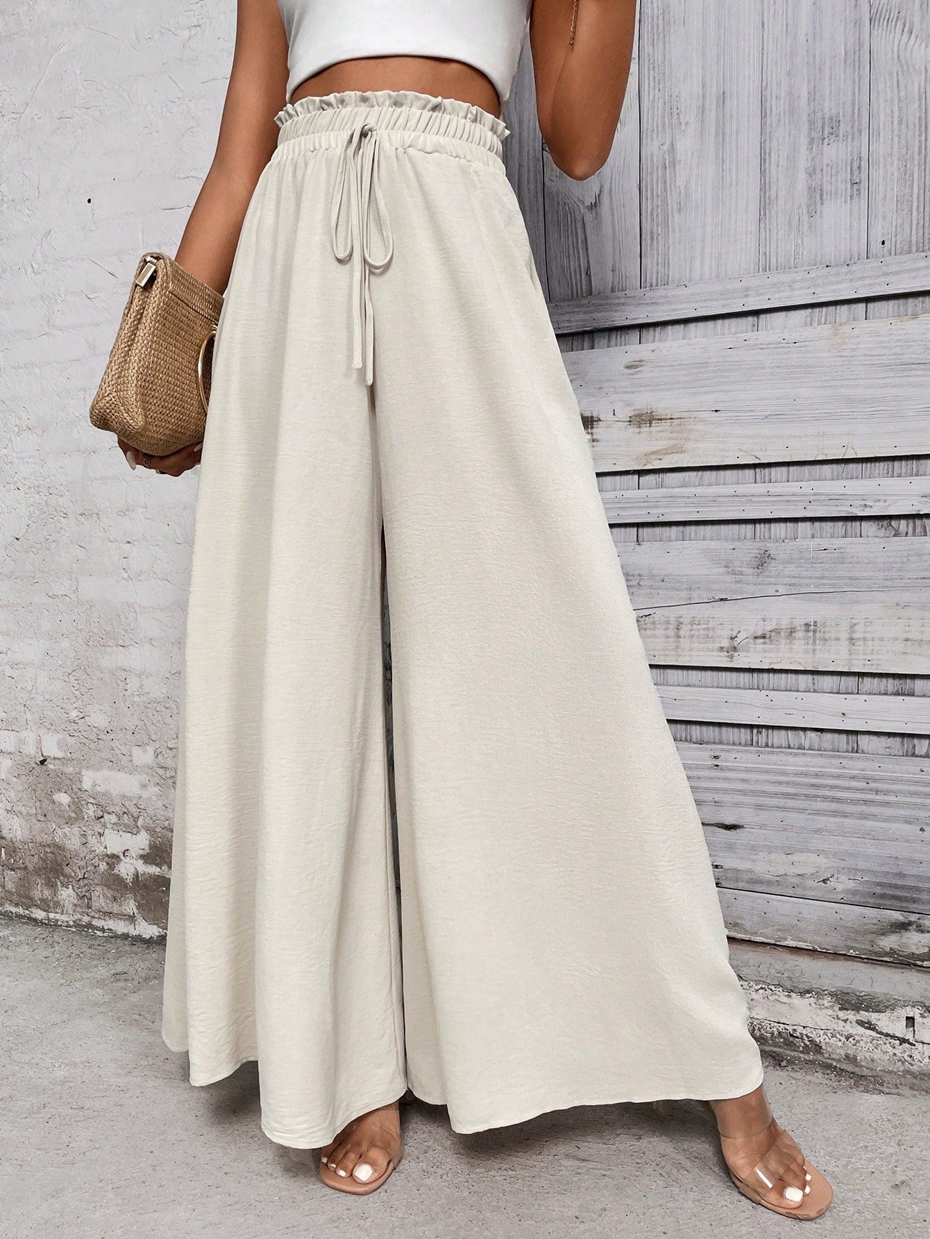 Buy SHEIN LUNE Paperbag Waist Knot Front Wide Leg Pants in Pakistan