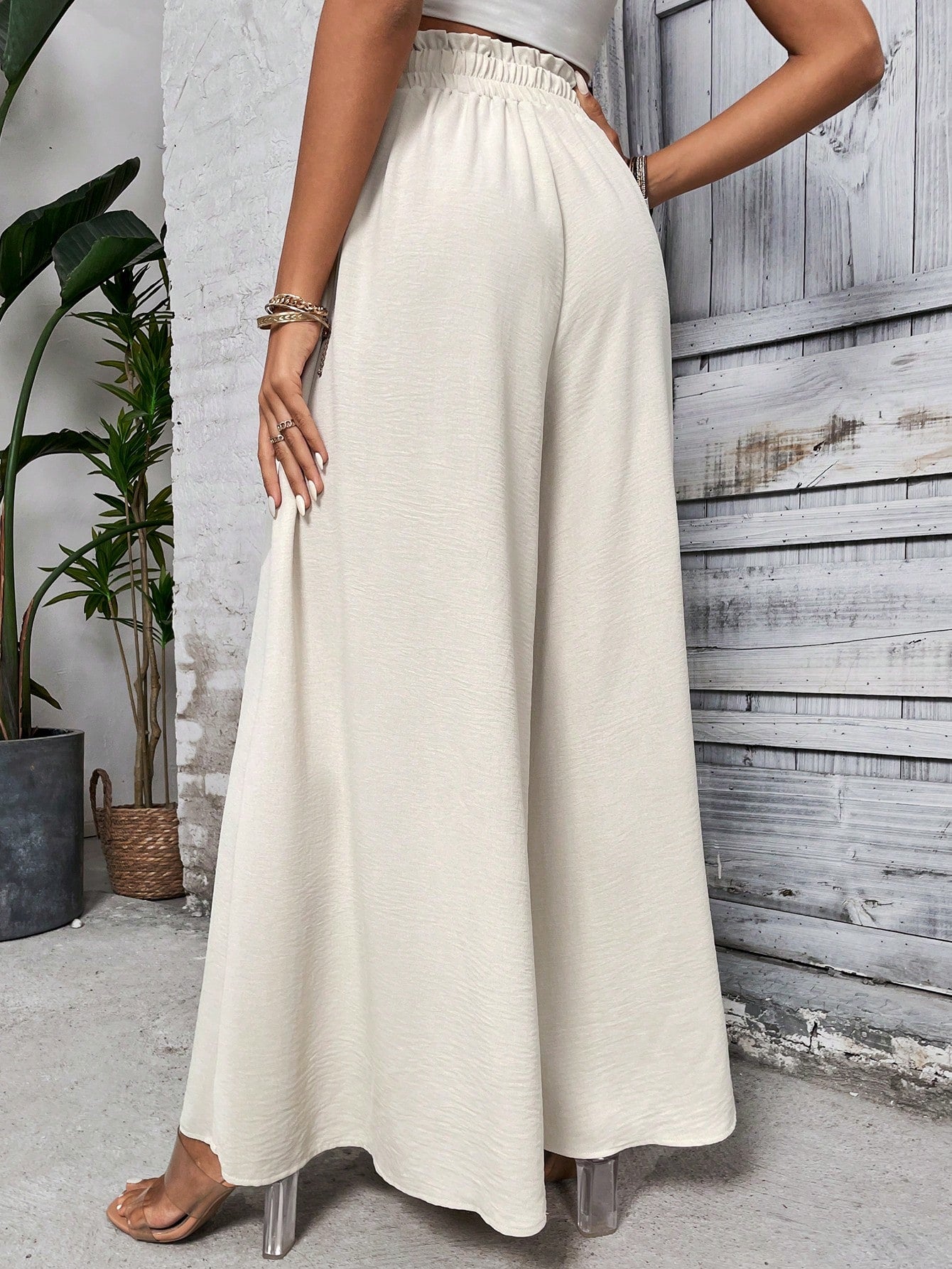 Buy SHEIN LUNE Paperbag Waist Knot Front Wide Leg Pants in Pakistan